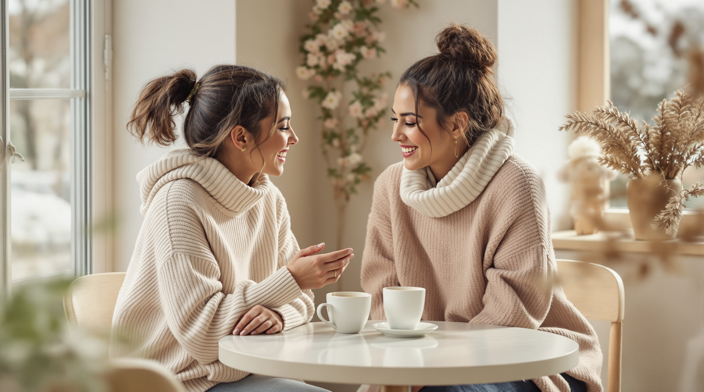 Two friends in knitwear talk over coffee at a small round table by a window
