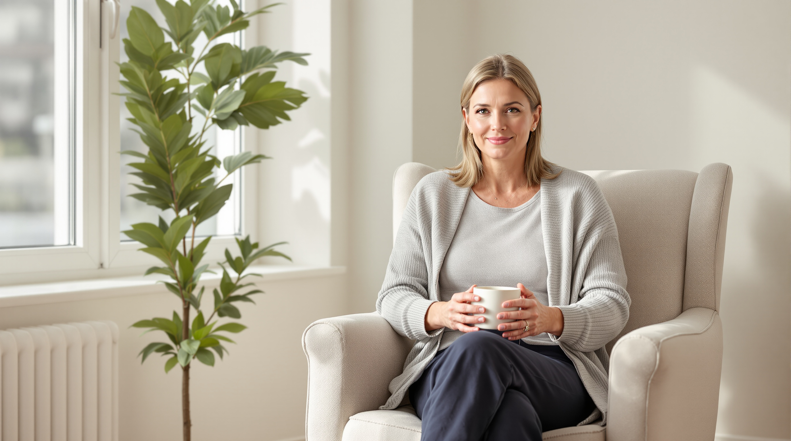A woman in a grey wool cardigan and full-length navy trousers sits in a linen armchair beside a bright window, a plain mug held in both hands
