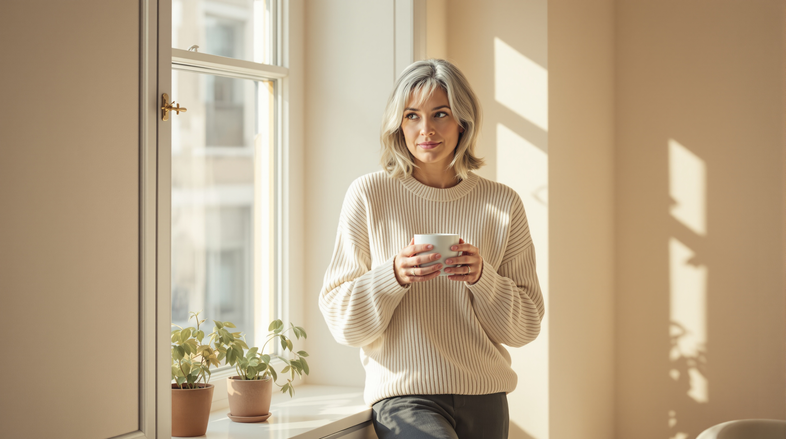 A woman in knitwear pauses with a mug of tea beside a sunlit windowsill