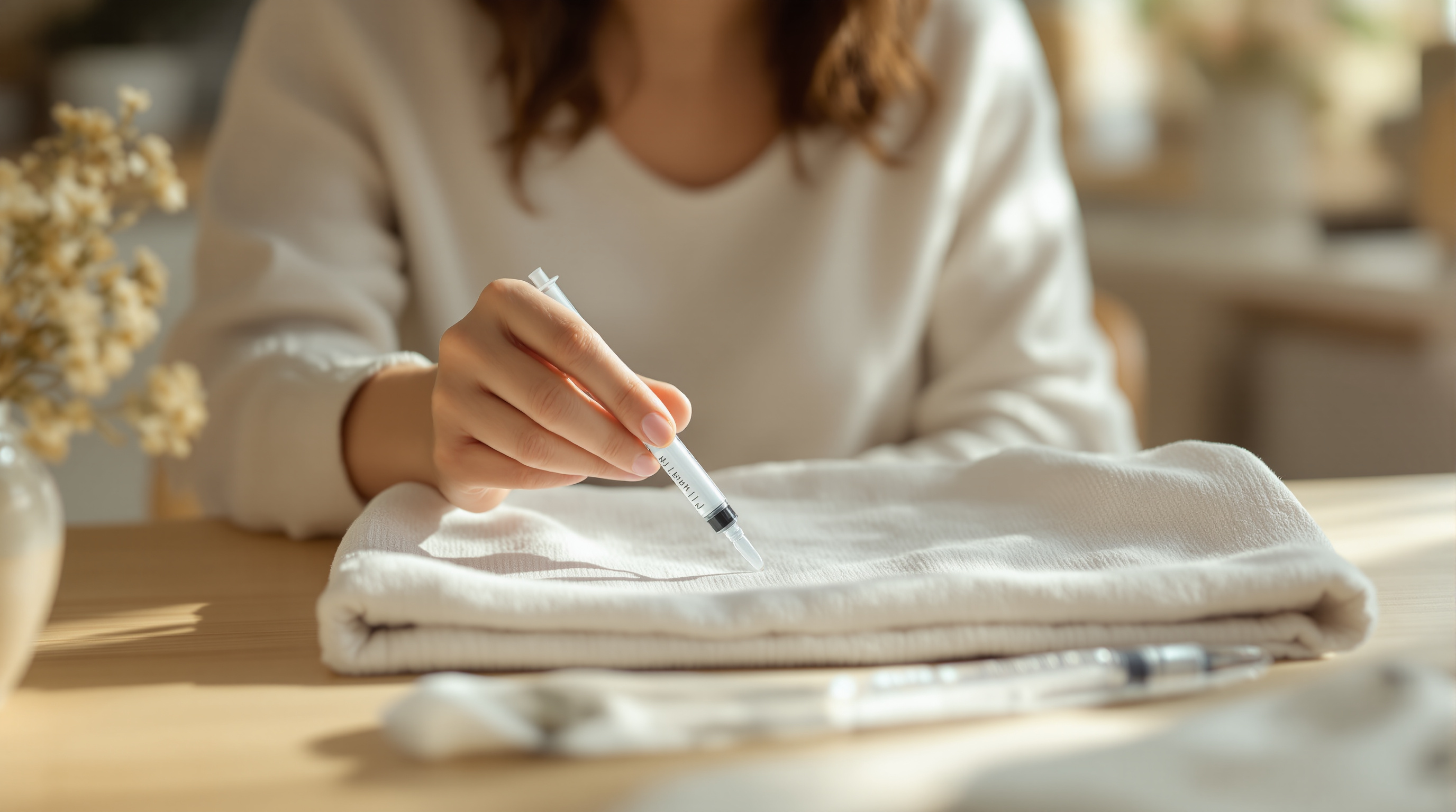 A hand rests a clean, capped, unbranded injection pen on a folded towel on a pale table in soft window light