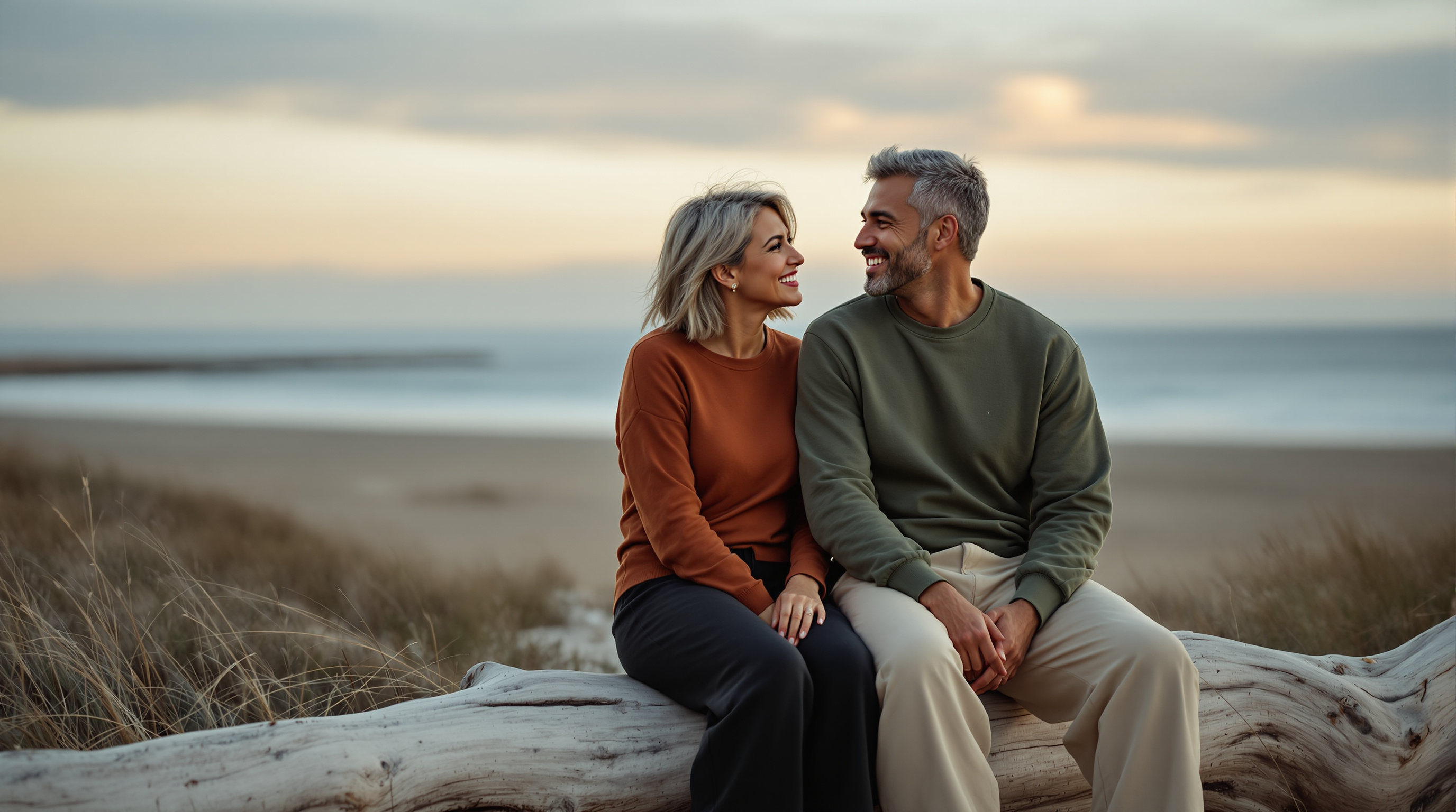 Two friends sit together on a driftwood log above a quiet beach