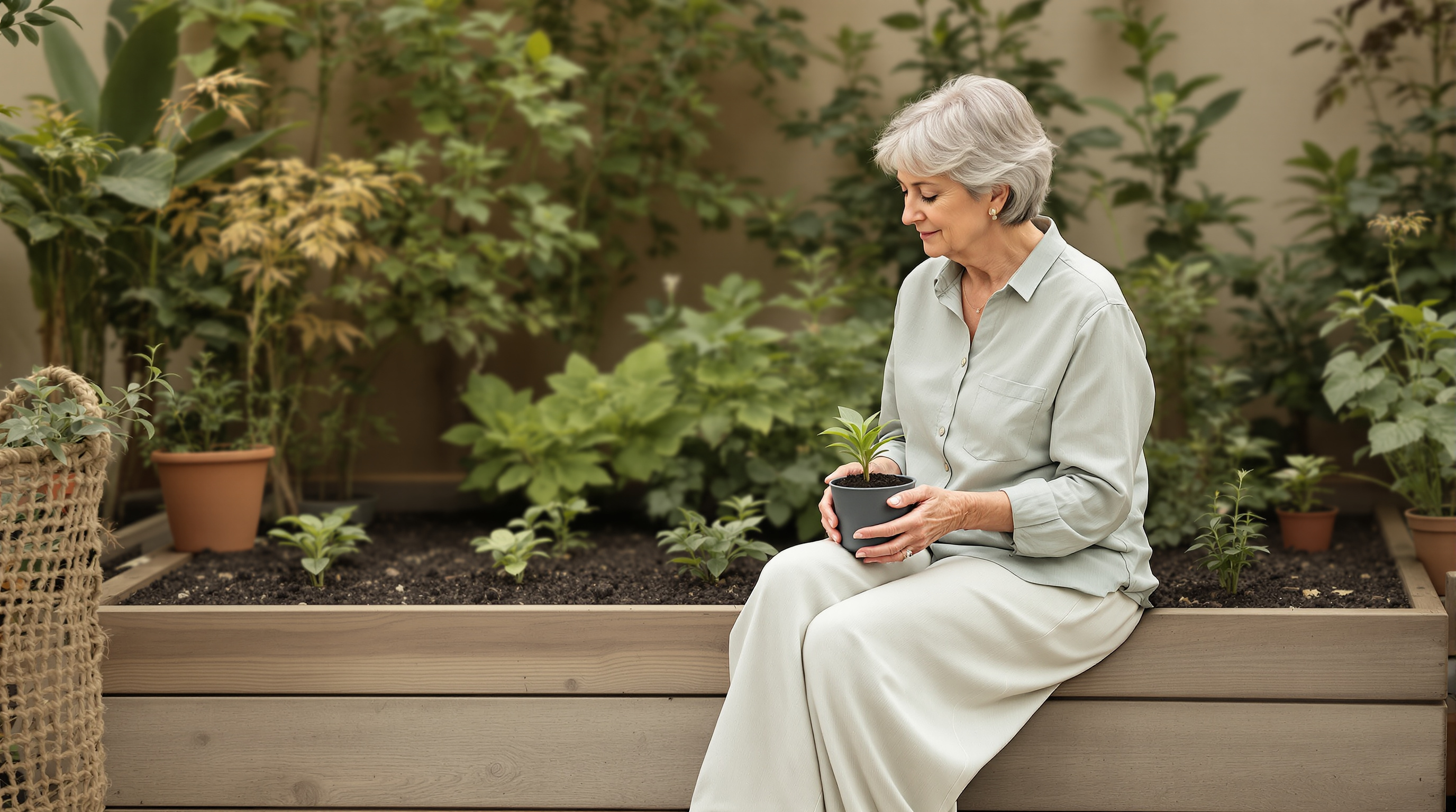 An older woman sits at the edge of a raised garden bed with a small pot of seedlings in her lap