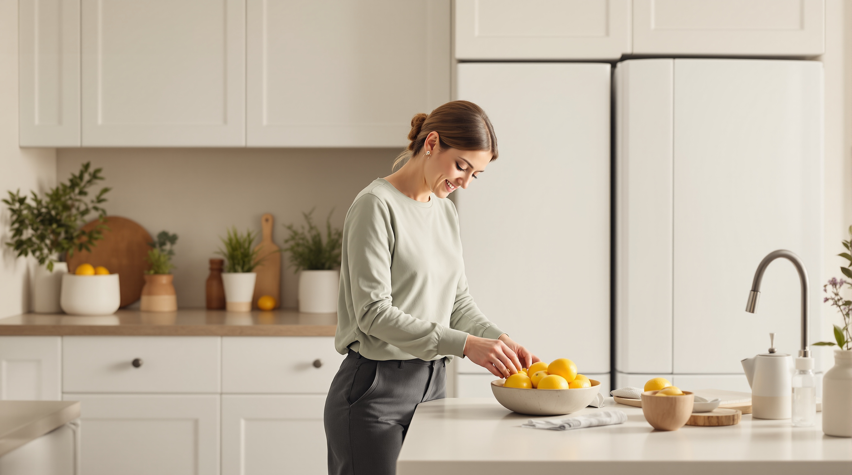 A woman places lemons in a ceramic bowl in a quiet matte-white kitchen