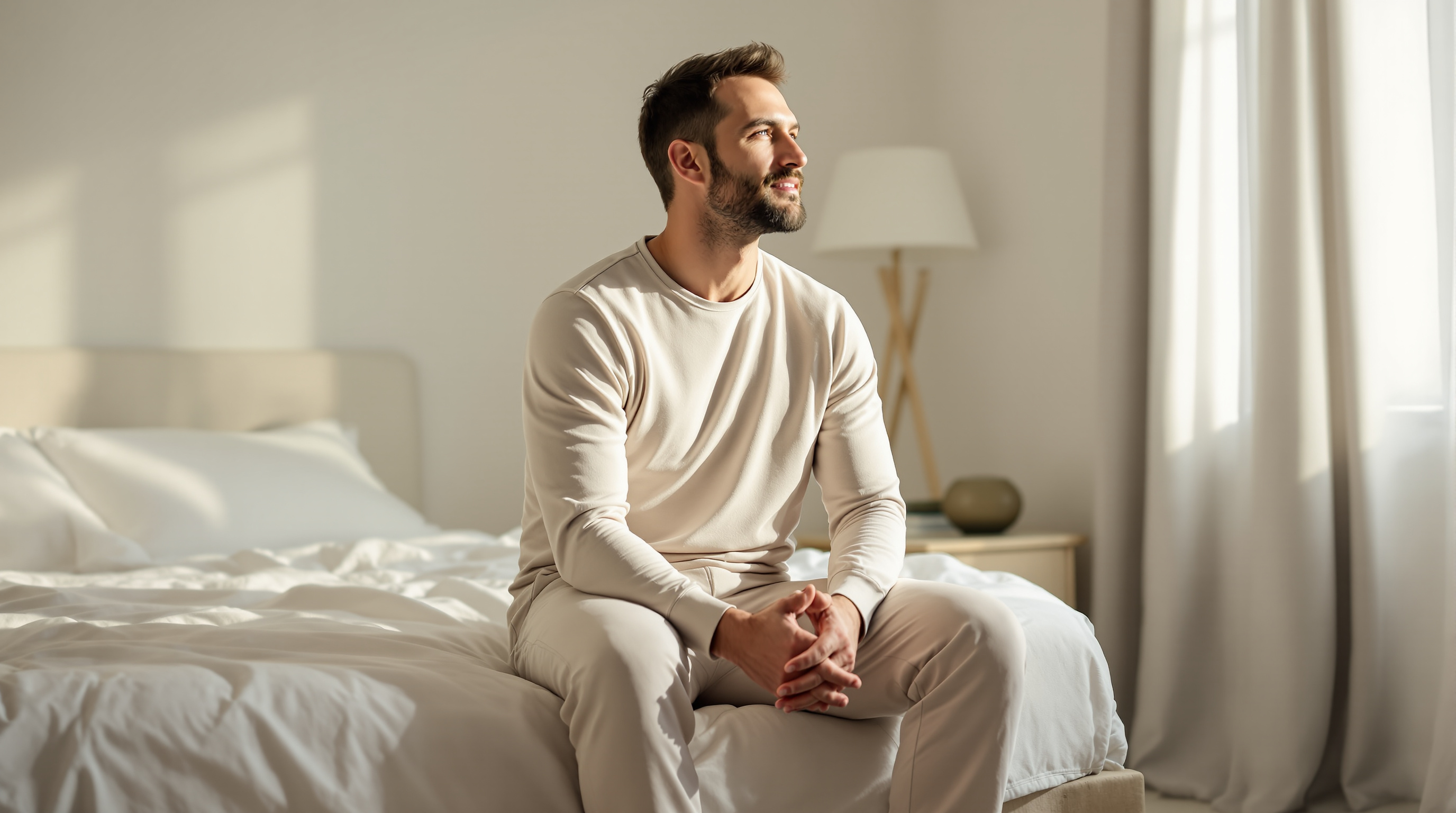 A man in a long-sleeve henley sits on the edge of a made bed in soft morning light