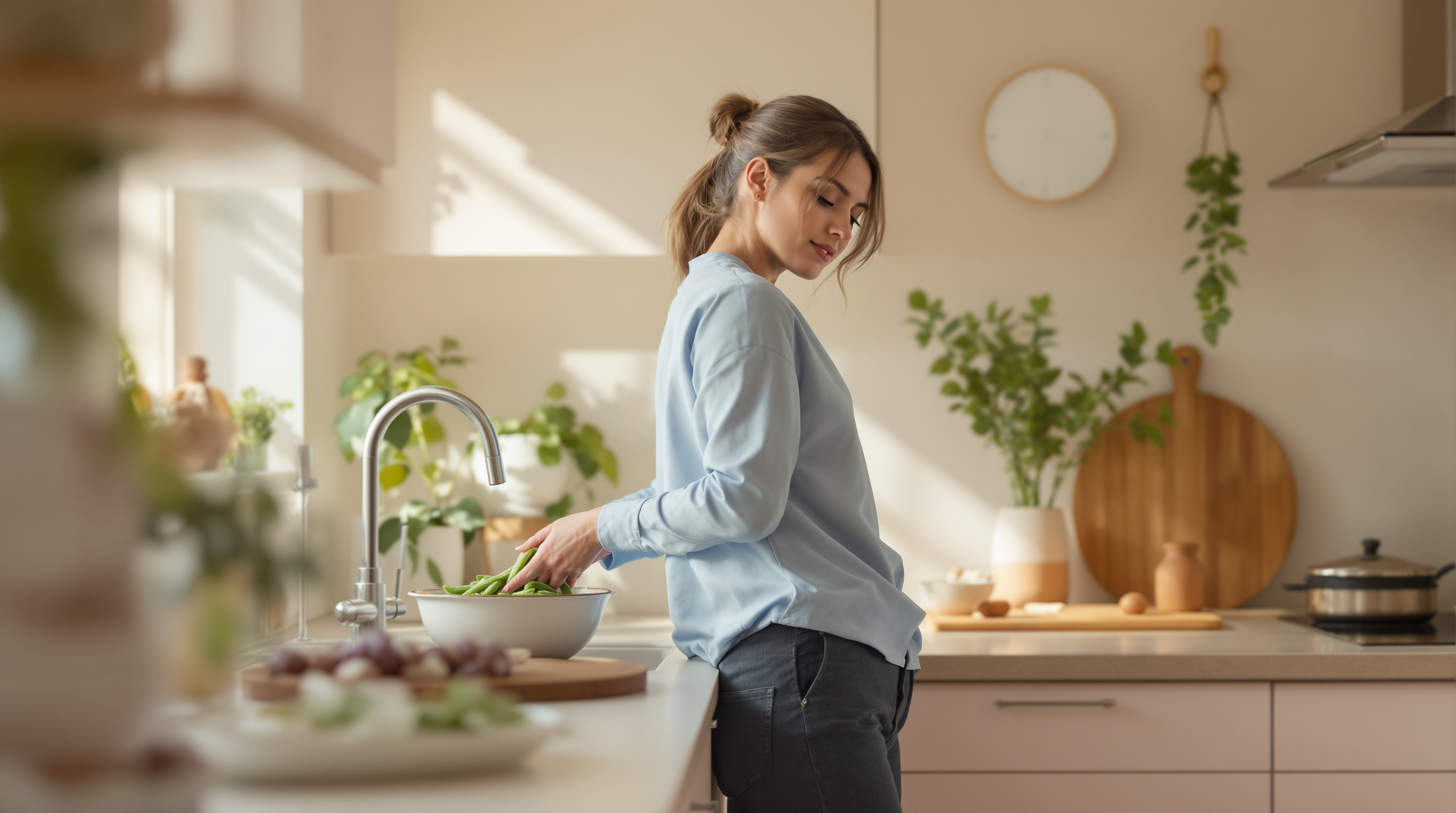 A woman rinses green beans at a bright kitchen counter during a calm morning routine