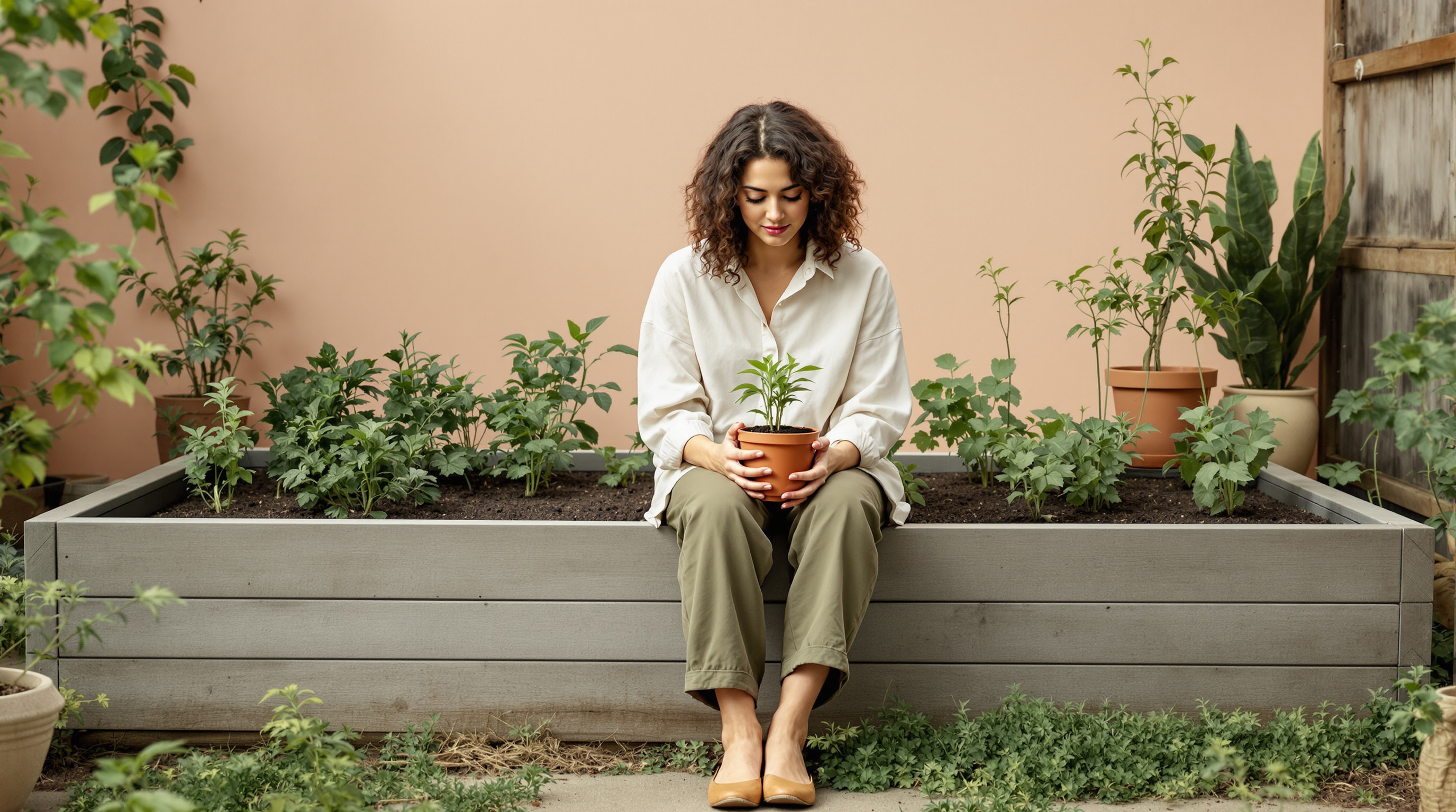 A woman sits on the edge of a raised garden bed holding a pot of seedlings