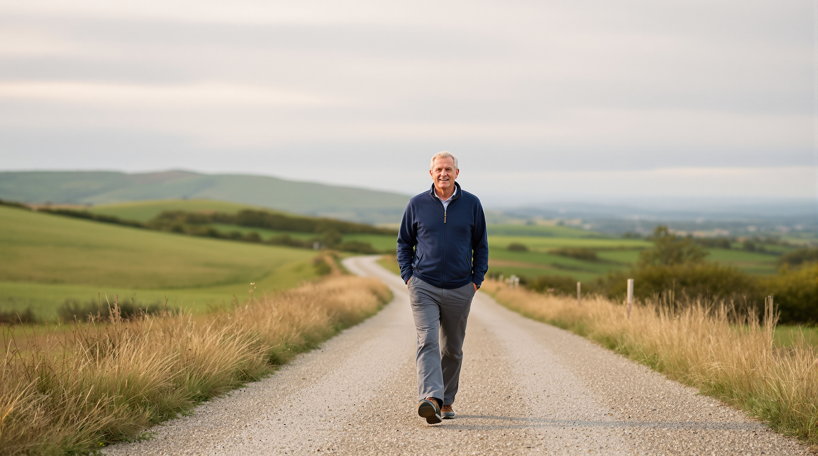 A man in a navy long-sleeve jacket and full-length grey trousers walks along a wide gravel path toward the camera, low hills behind him