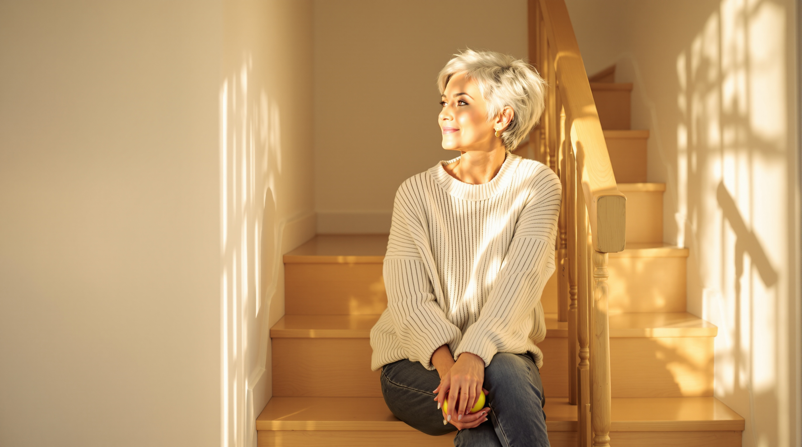A woman sits on the bottom step of a staircase holding an apple