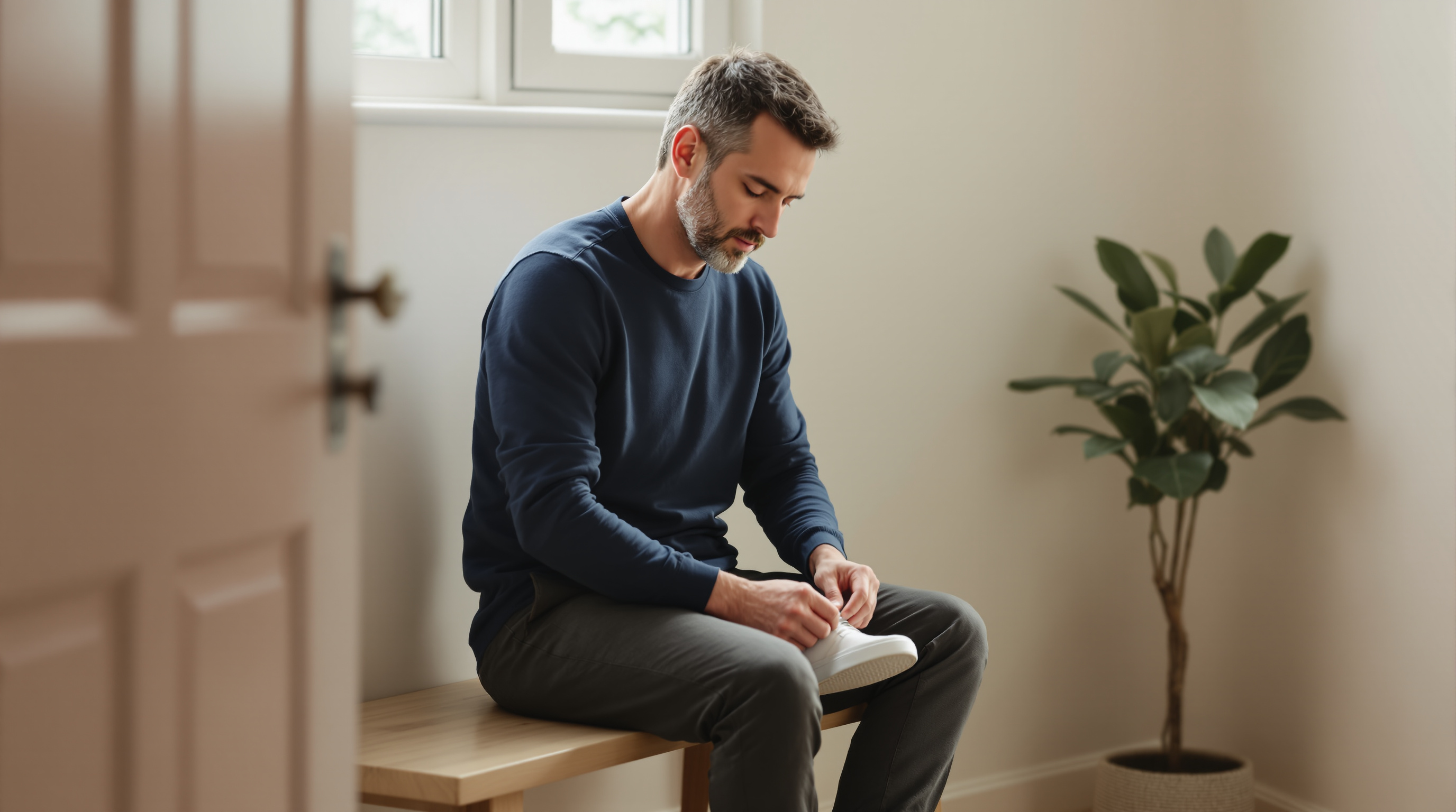 A man in a navy shirt and charcoal trousers sits on an entryway bench to lace a sneaker