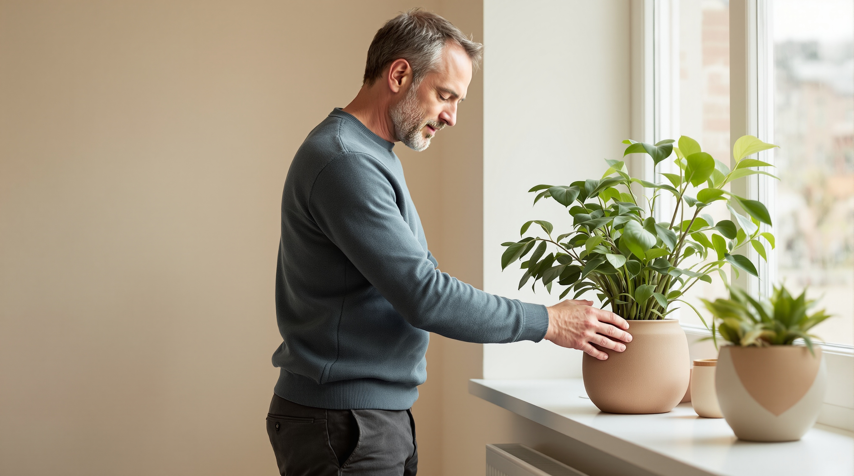 A man tends a houseplant beside a bright windowsill
