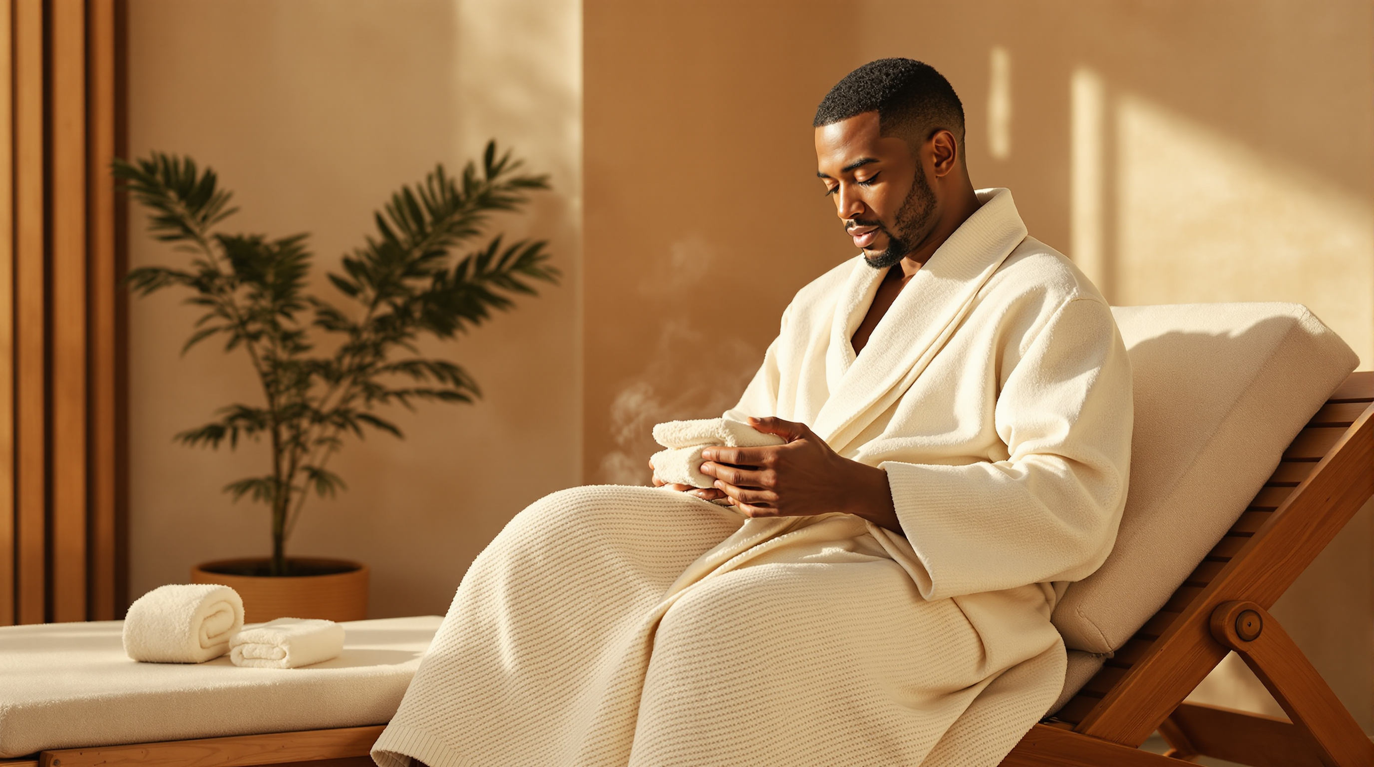 A man sits on a lounger in a quiet spa with a folded towel