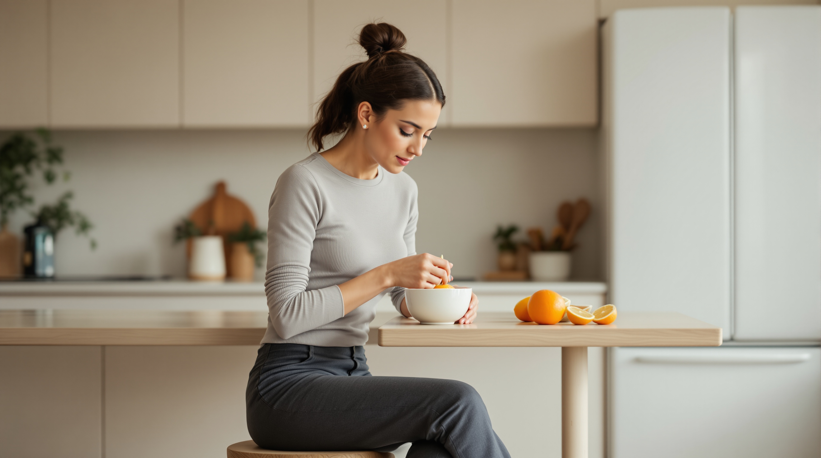 A woman in a blue knit top peels an orange at a bright kitchen counter
