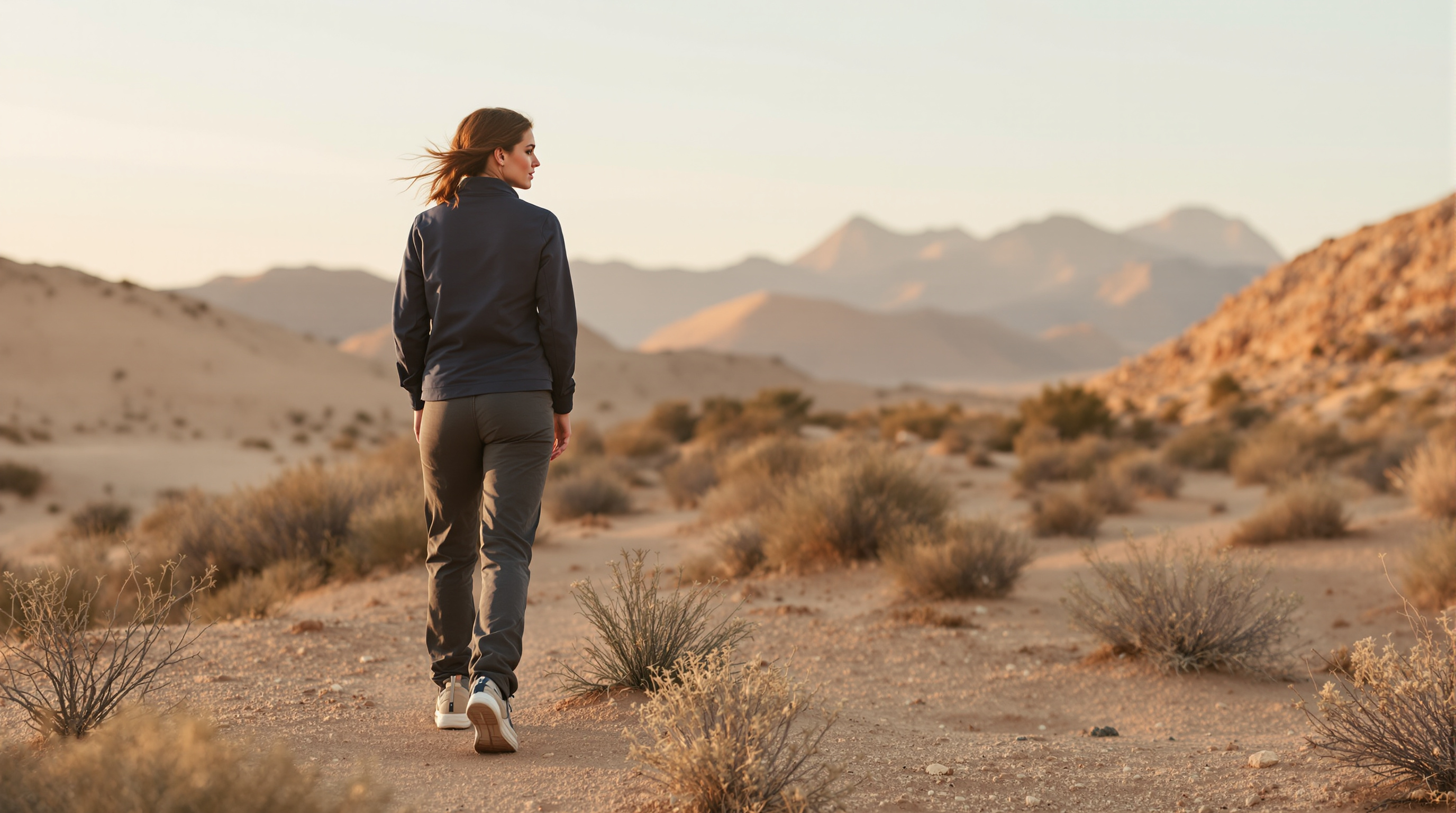A woman in a navy jacket and charcoal trousers pauses on a quiet desert trail at dawn
