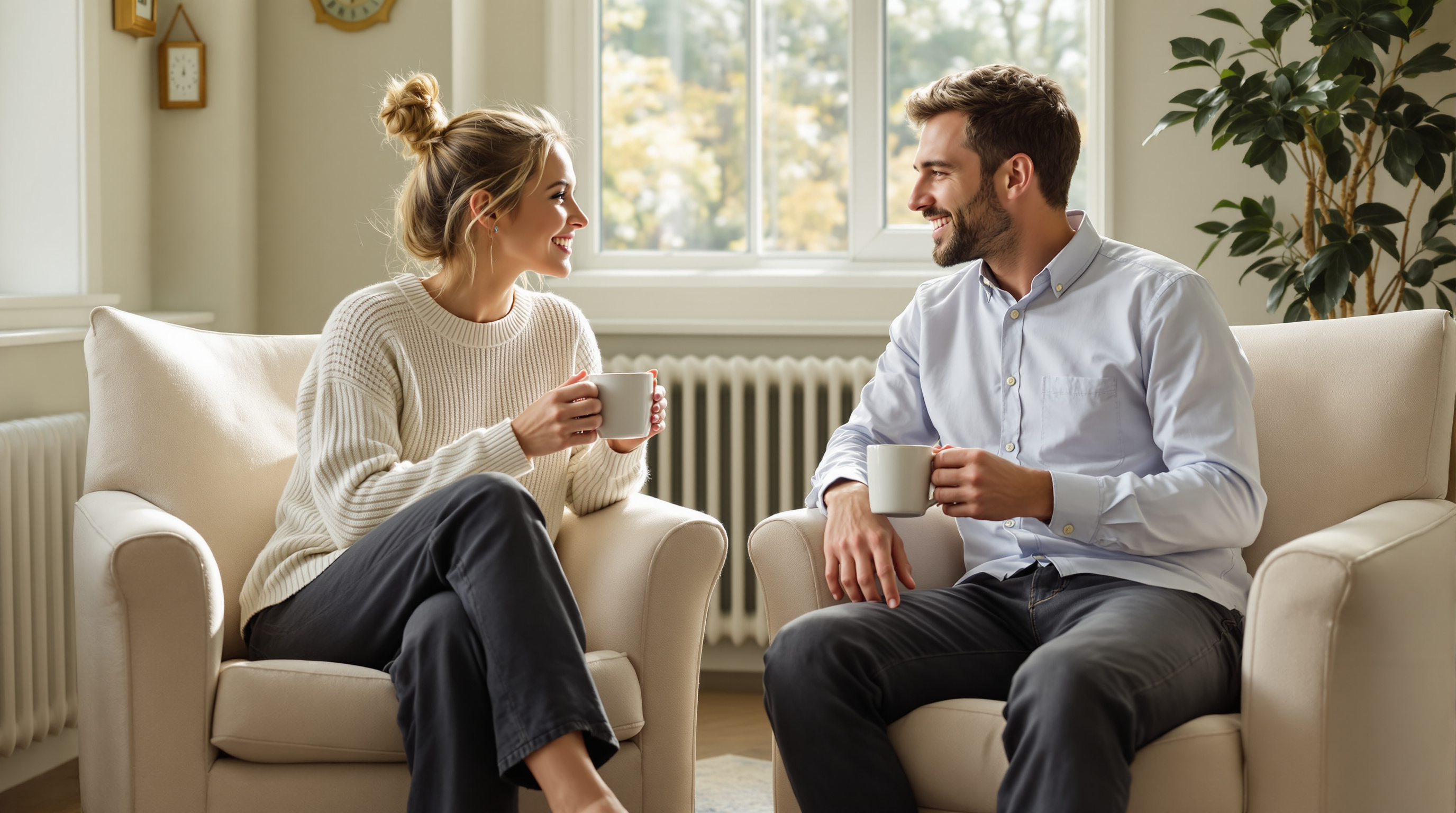 Two friends in full-length casual clothes talk over mugs in armchairs in a quiet sunlit living room