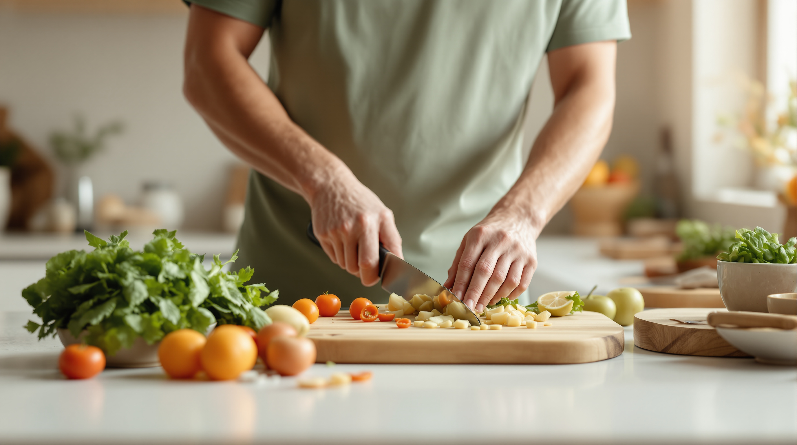 A man slices fresh vegetables at a sunlit kitchen counter, bowls of produce beside him