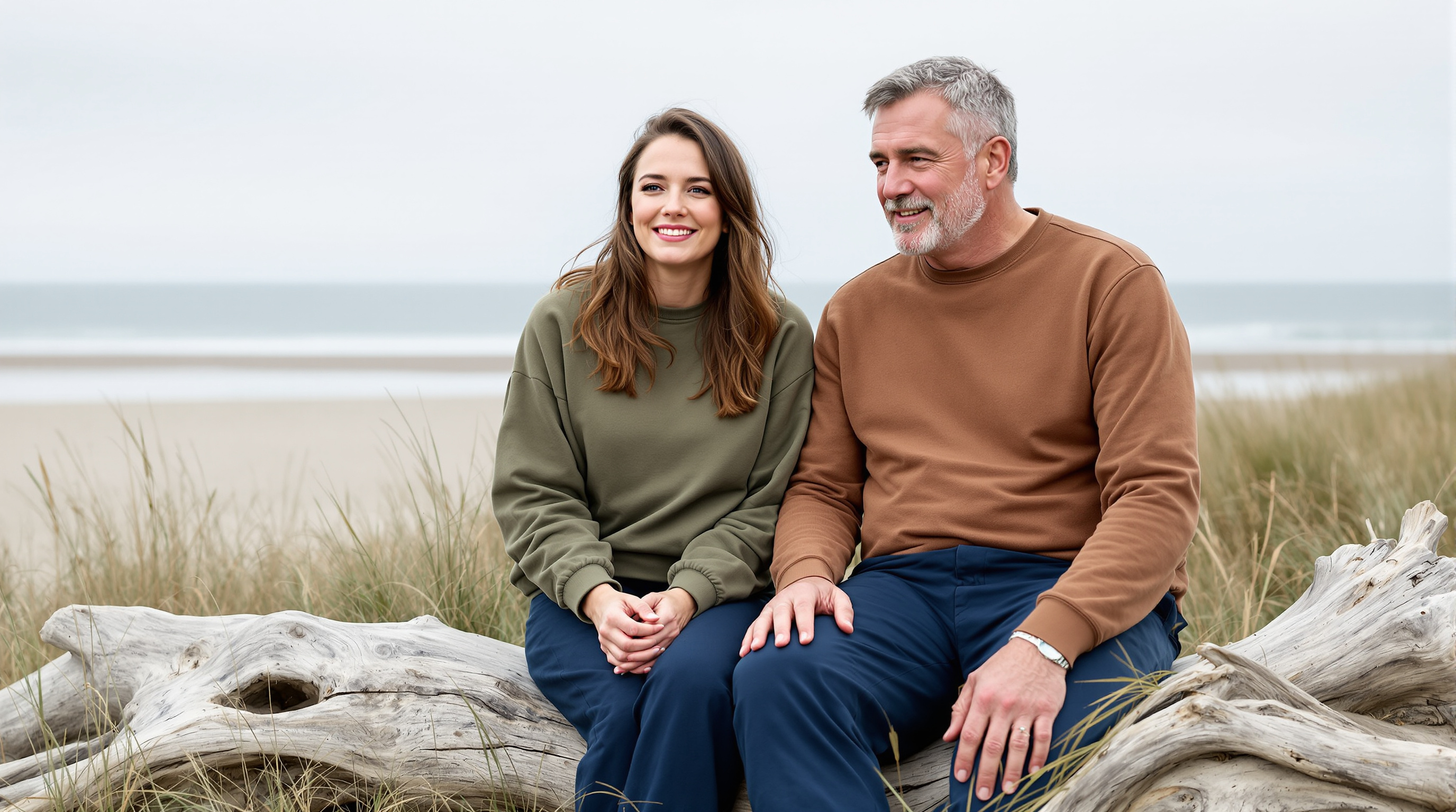 Two friends sit together on a driftwood log above a quiet beach
