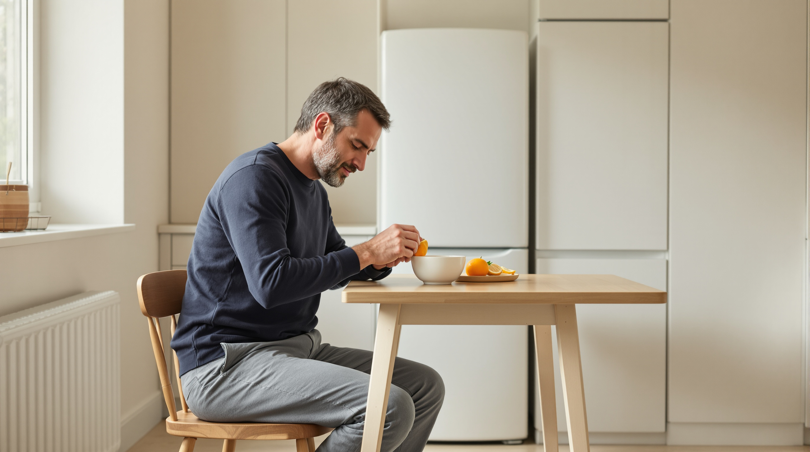 A man in a navy crew-neck jumper and full-length grey trousers sits at a kitchen table peeling an orange