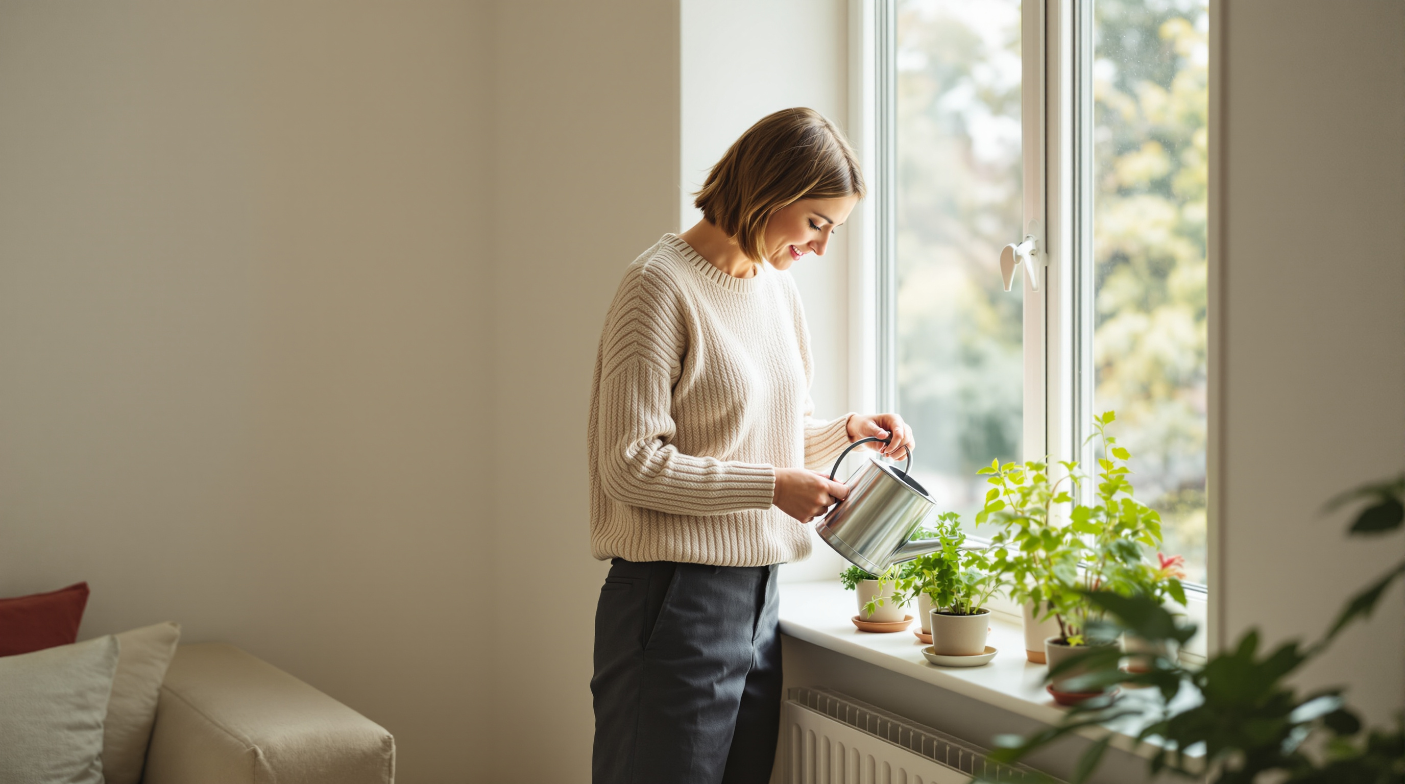 A woman waters potted herbs on a sunlit windowsill in a quiet living room