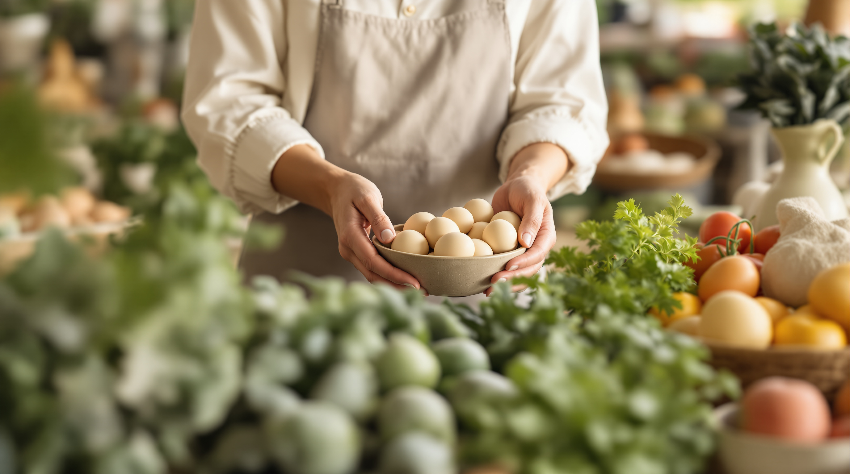 A person in a cream apron holding a small bowl of eggs at a sunlit market stall surrounded by fresh produce