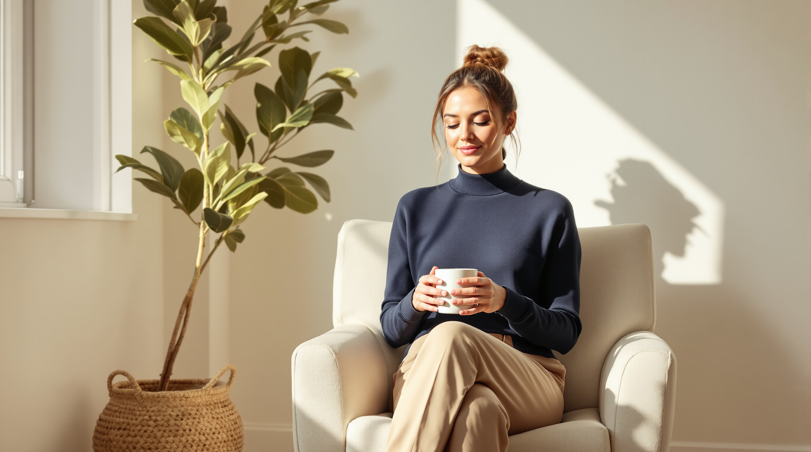 A woman in navy knitwear sits by a window holding a plain mug