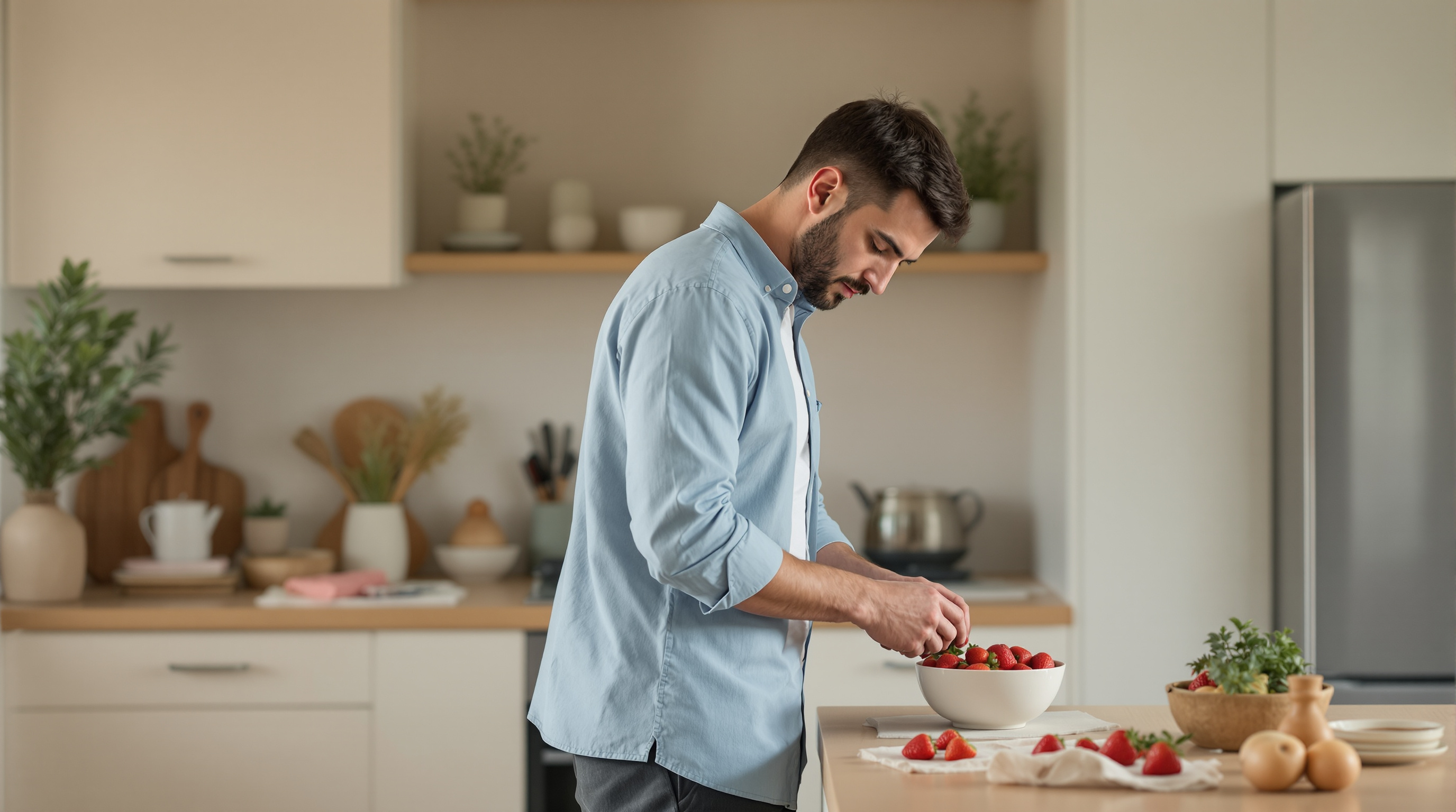 A man in a blue overshirt prepares strawberries in a bright home kitchen
