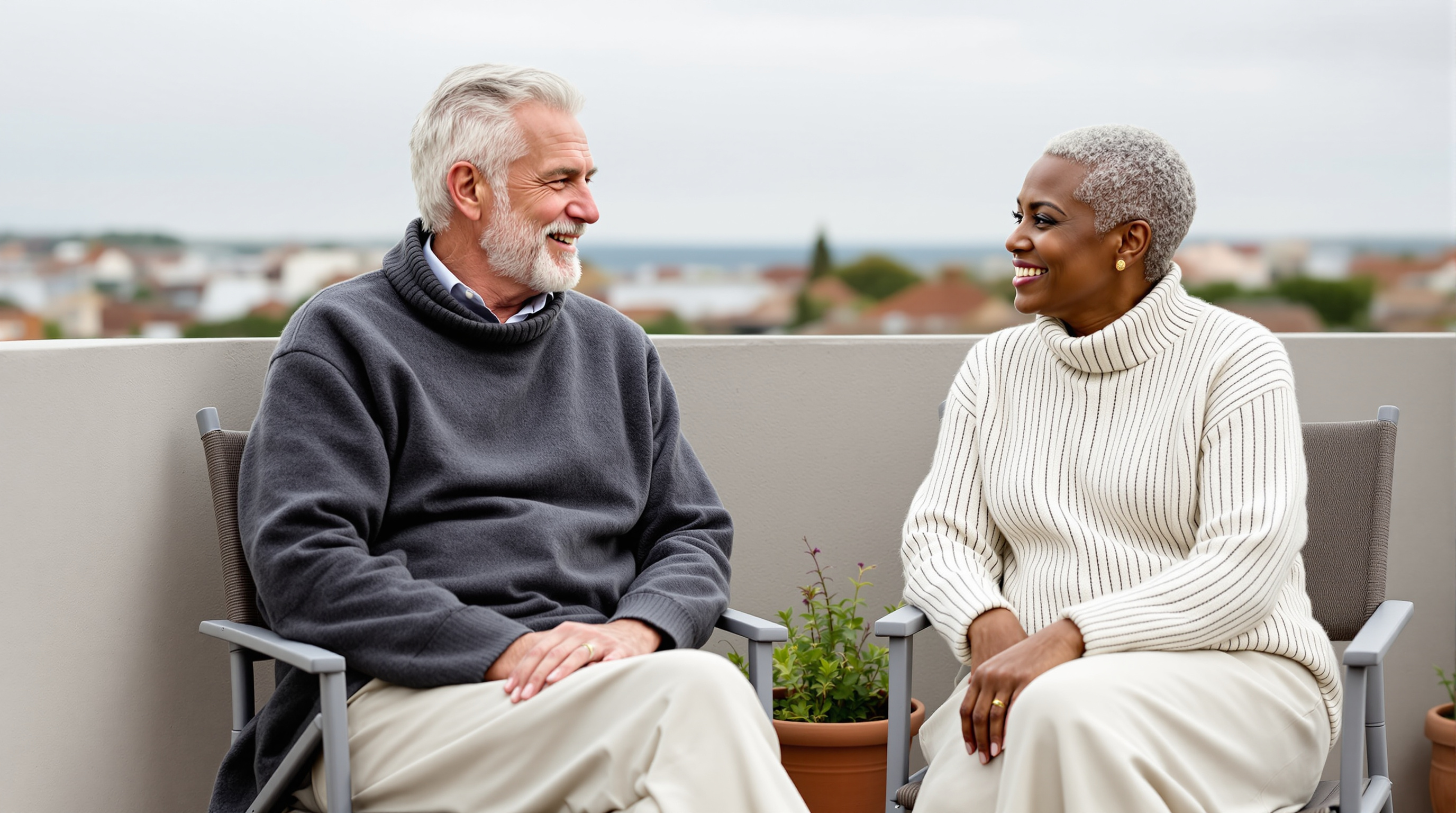 Two friends sit together on a small balcony
