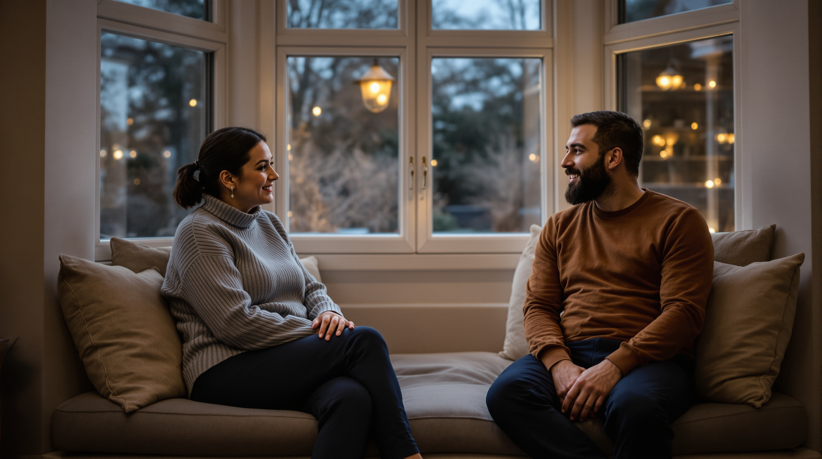 Two friends sit together on a window seat