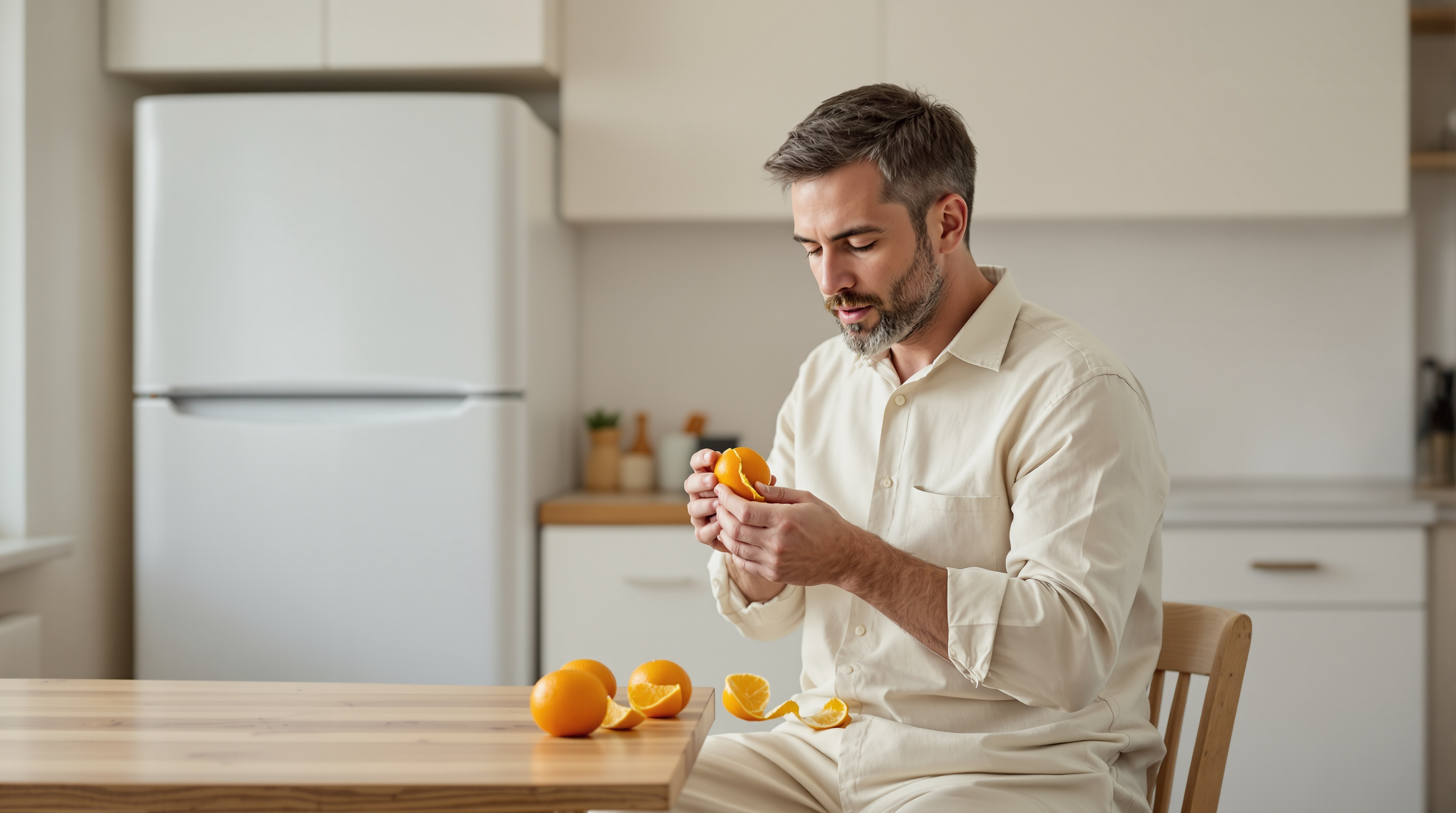 A man sits at a plain kitchen table peeling an orange