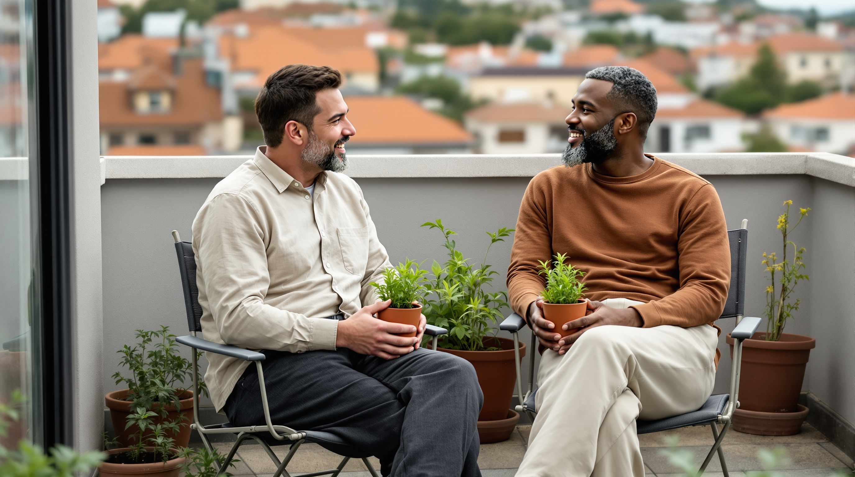 Two friends sit together on a small balcony holding a pot of seedlings