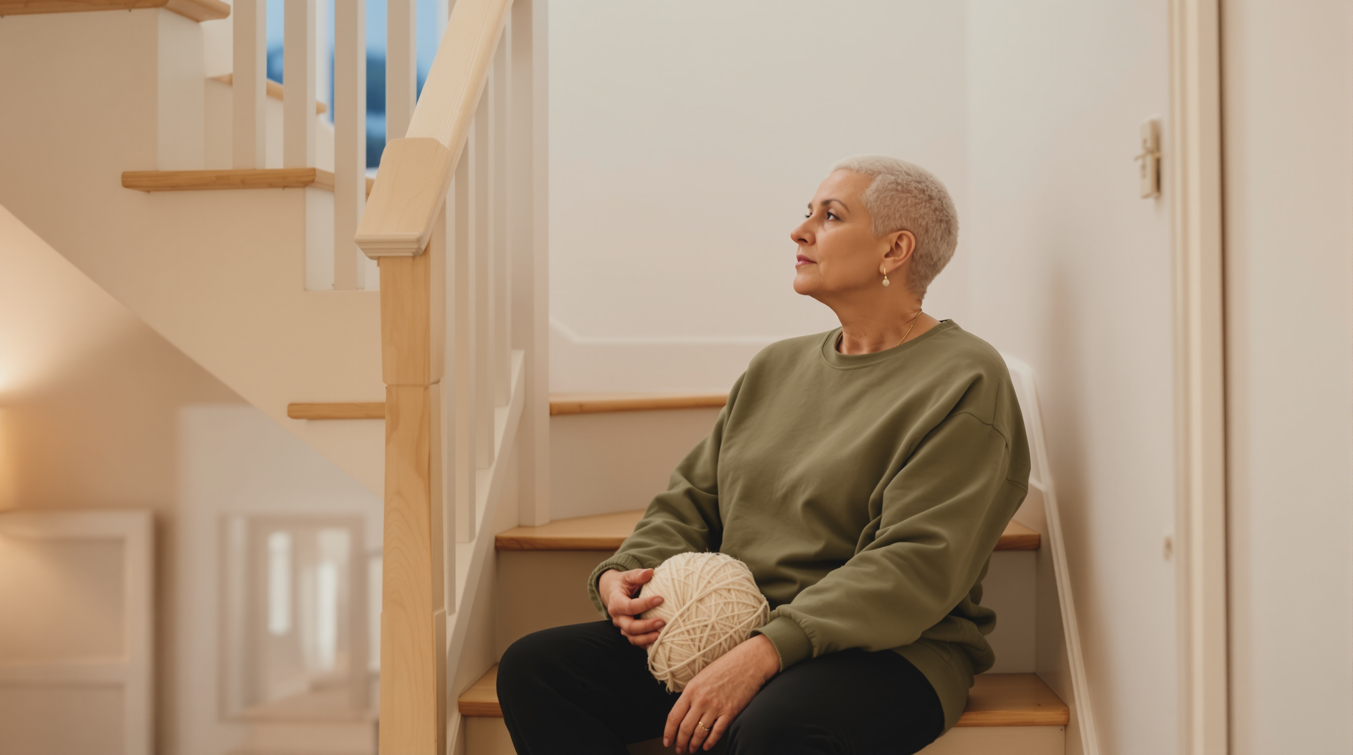 A woman sits on the bottom step of a staircase with a ball of yarn