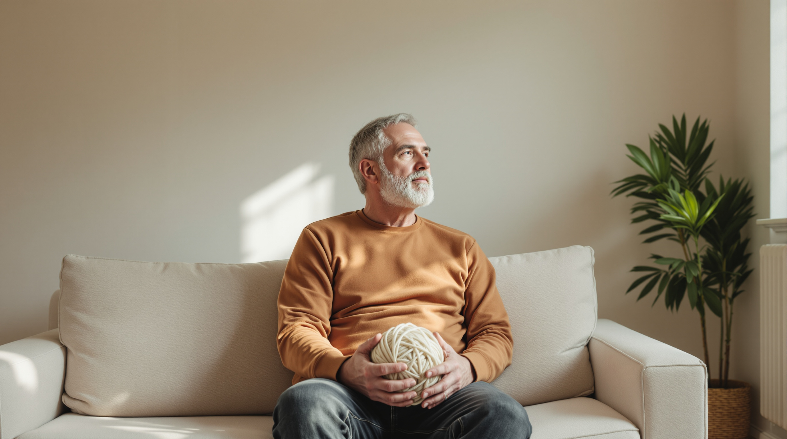 A man sits on a sofa in a quiet living room with a ball of yarn