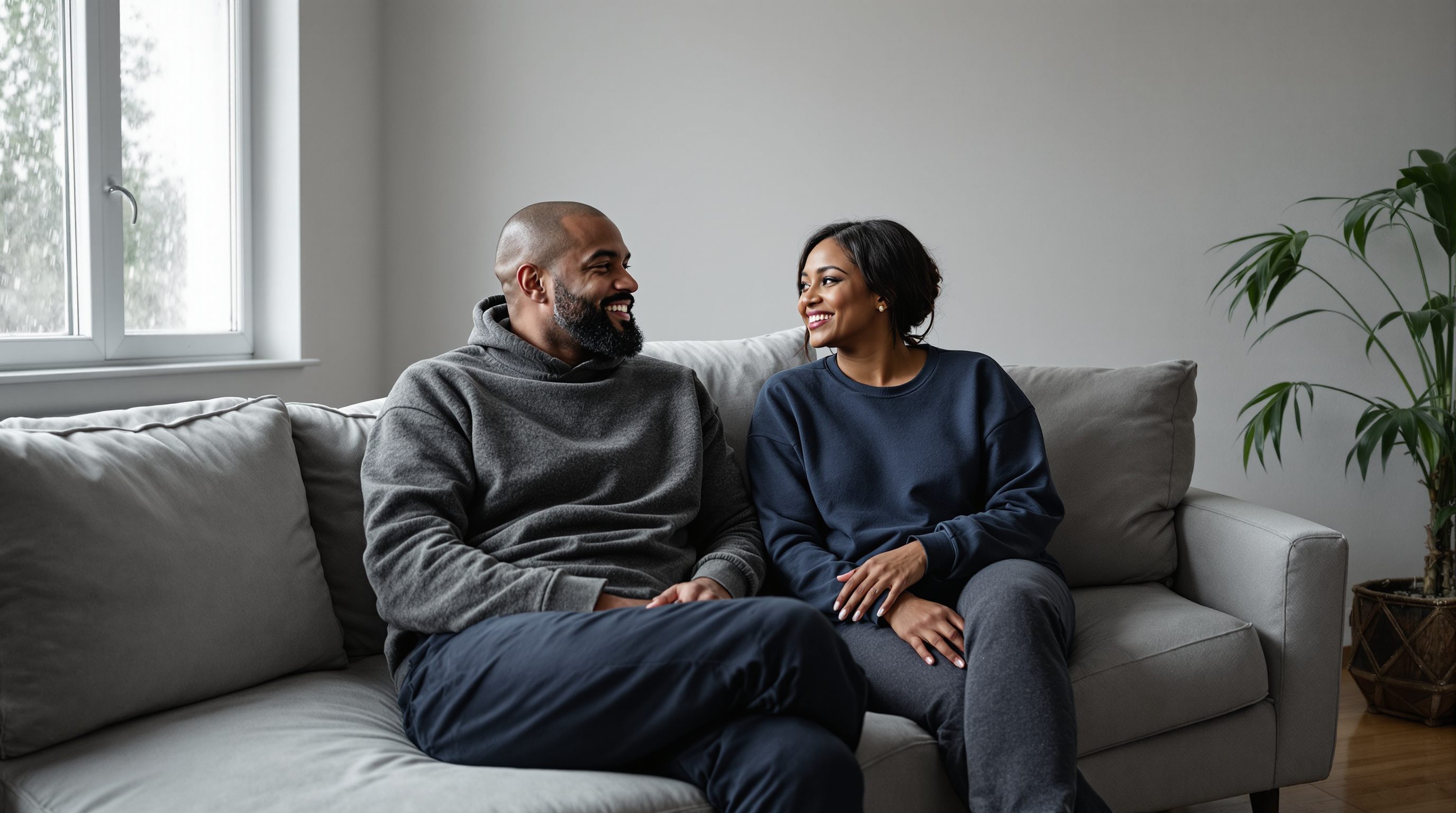 Two friends sit together on a sofa in a quiet living room