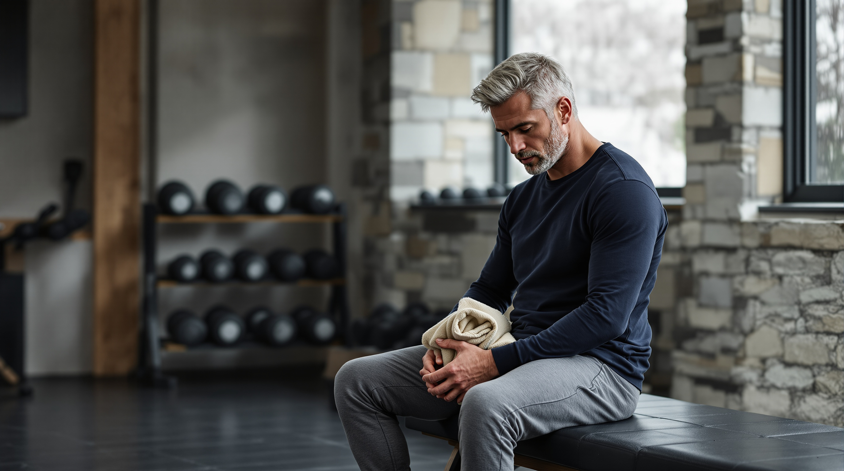A man sits on a bench between sets in a quiet gym with a folded towel