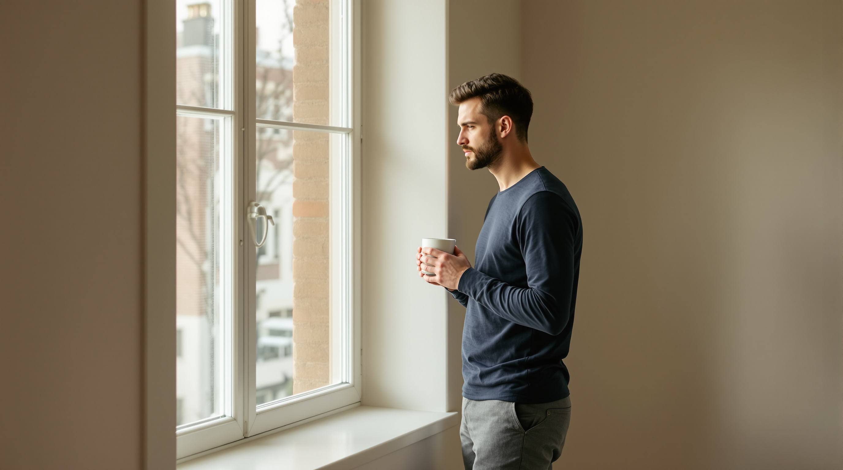 A man in a navy henley stands by a bare bedroom window holding a ceramic cup