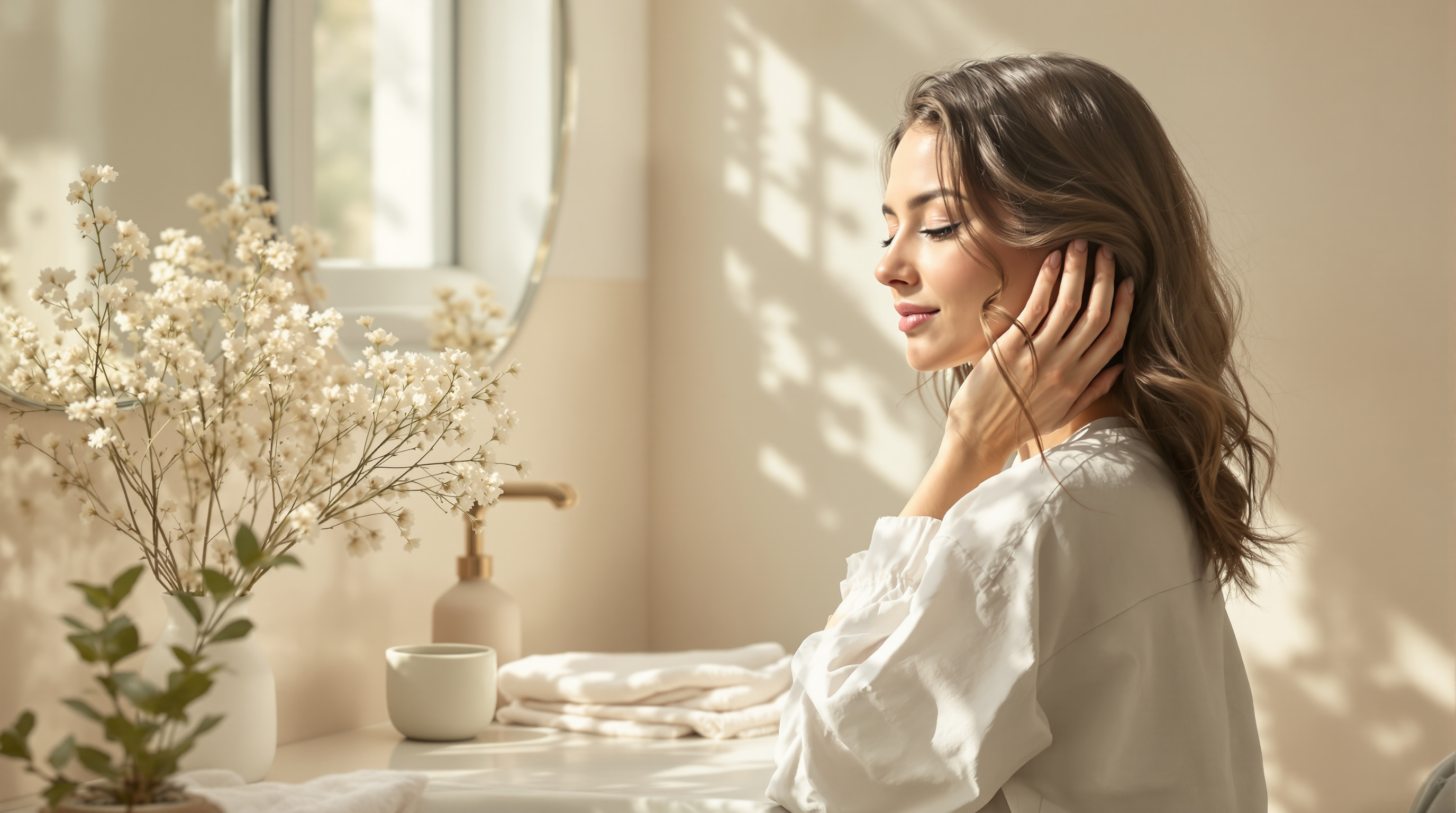 Woman at ease in soft morning light, running a hand through her hair at a vanity beside a vase of white flowers