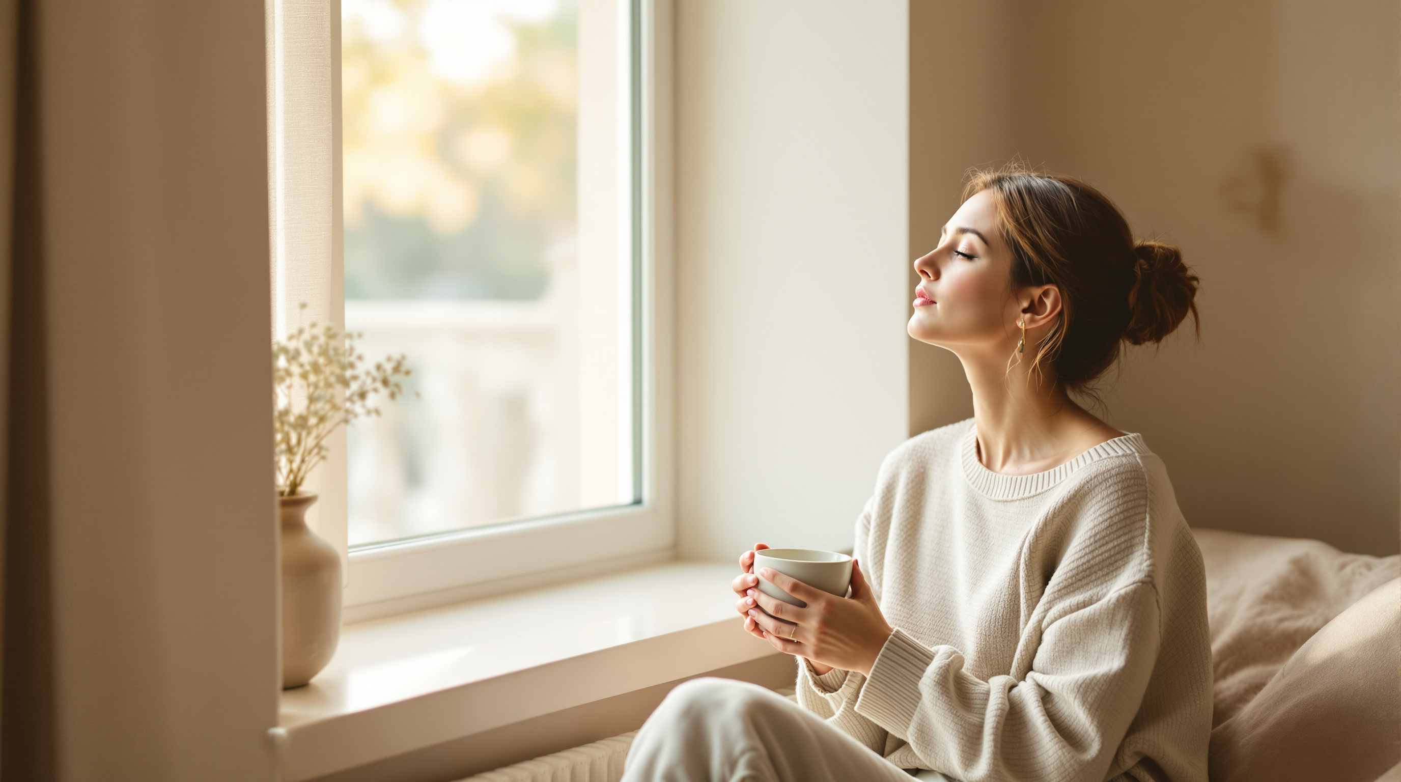 A woman sitting by a sunlit window with both hands around a ceramic cup, eyes closed, calm and unhurried