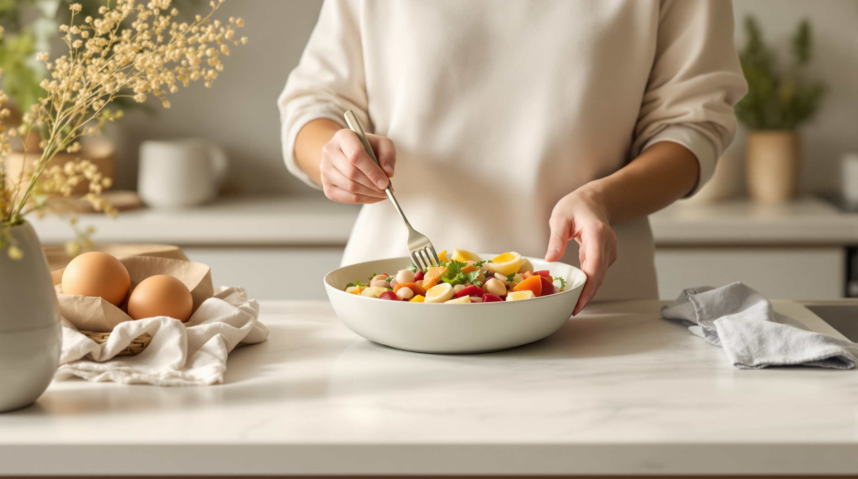 A person in a cream sweater preparing a colorful bowl of vegetables and eggs at a bright kitchen counter