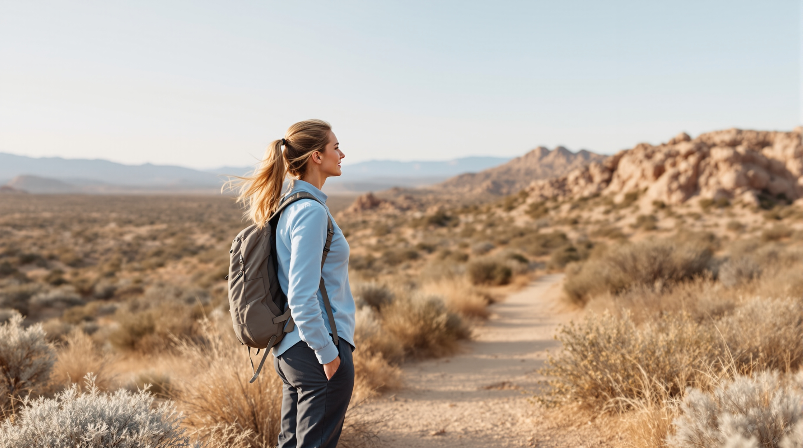A woman pauses on a quiet desert trail and looks across the open landscape