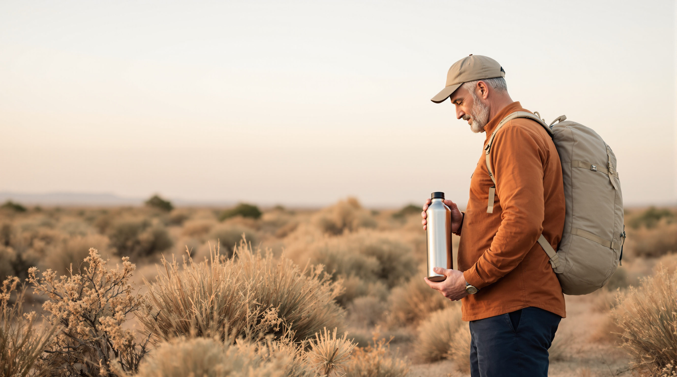 A man pauses on a desert trail at dawn with a plain metal water bottle