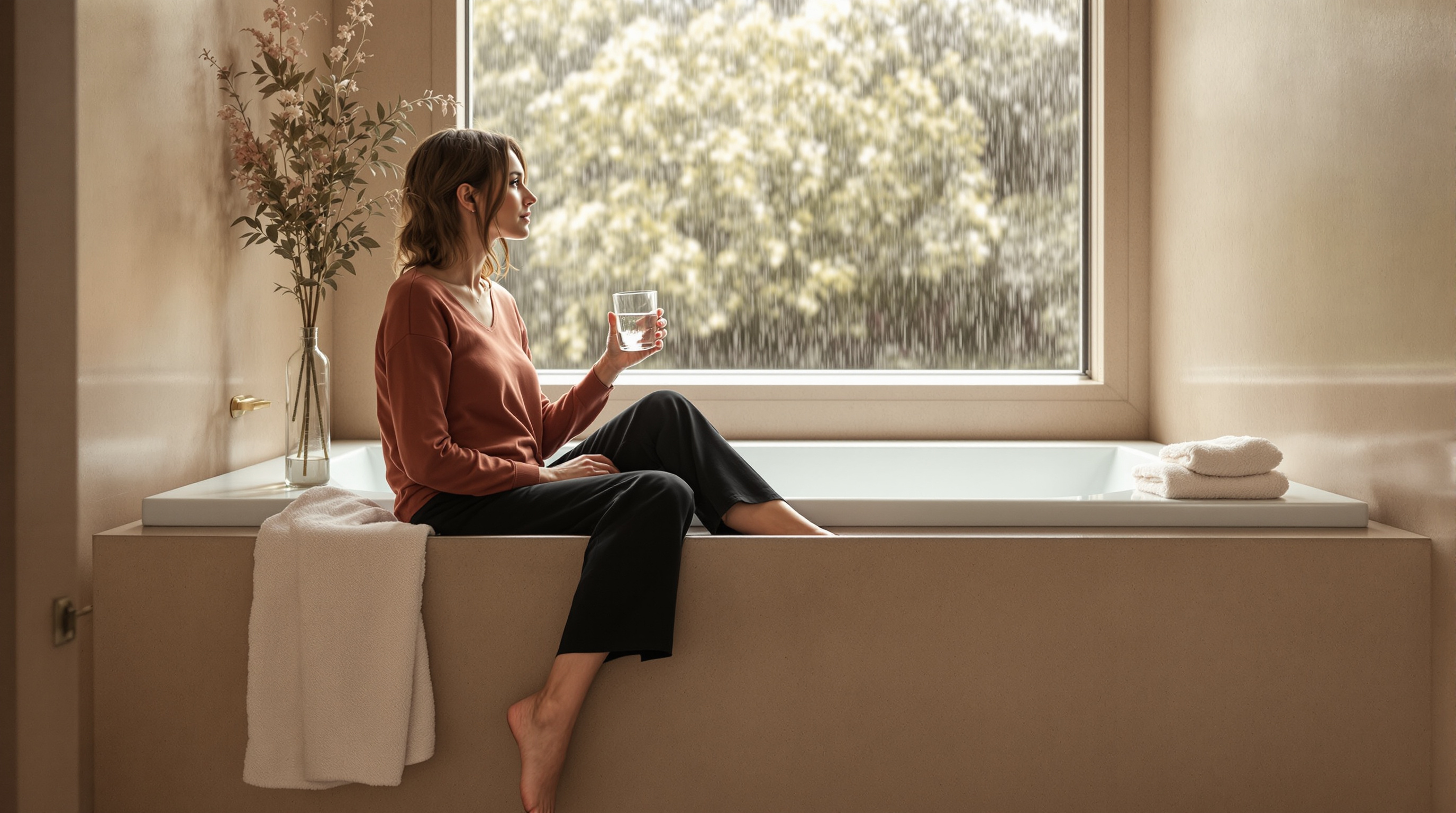 A woman sits on the edge of a bath in a calm bathroom with a glass of water