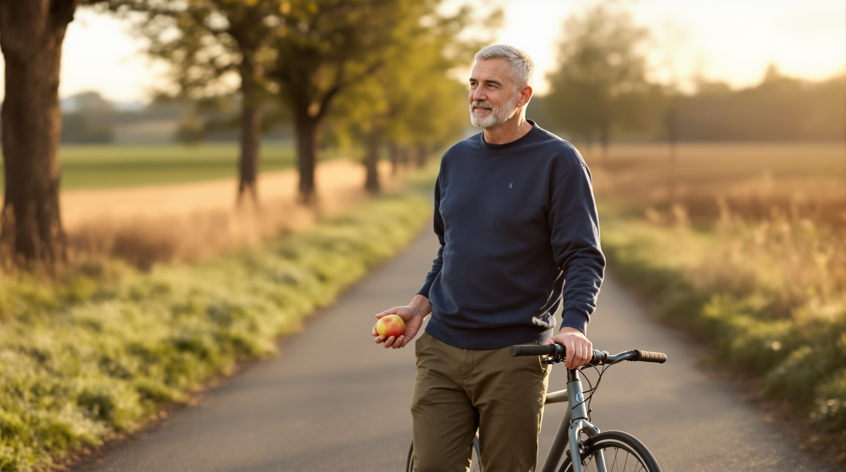 A man stands beside a bicycle in a quiet lane holding an apple