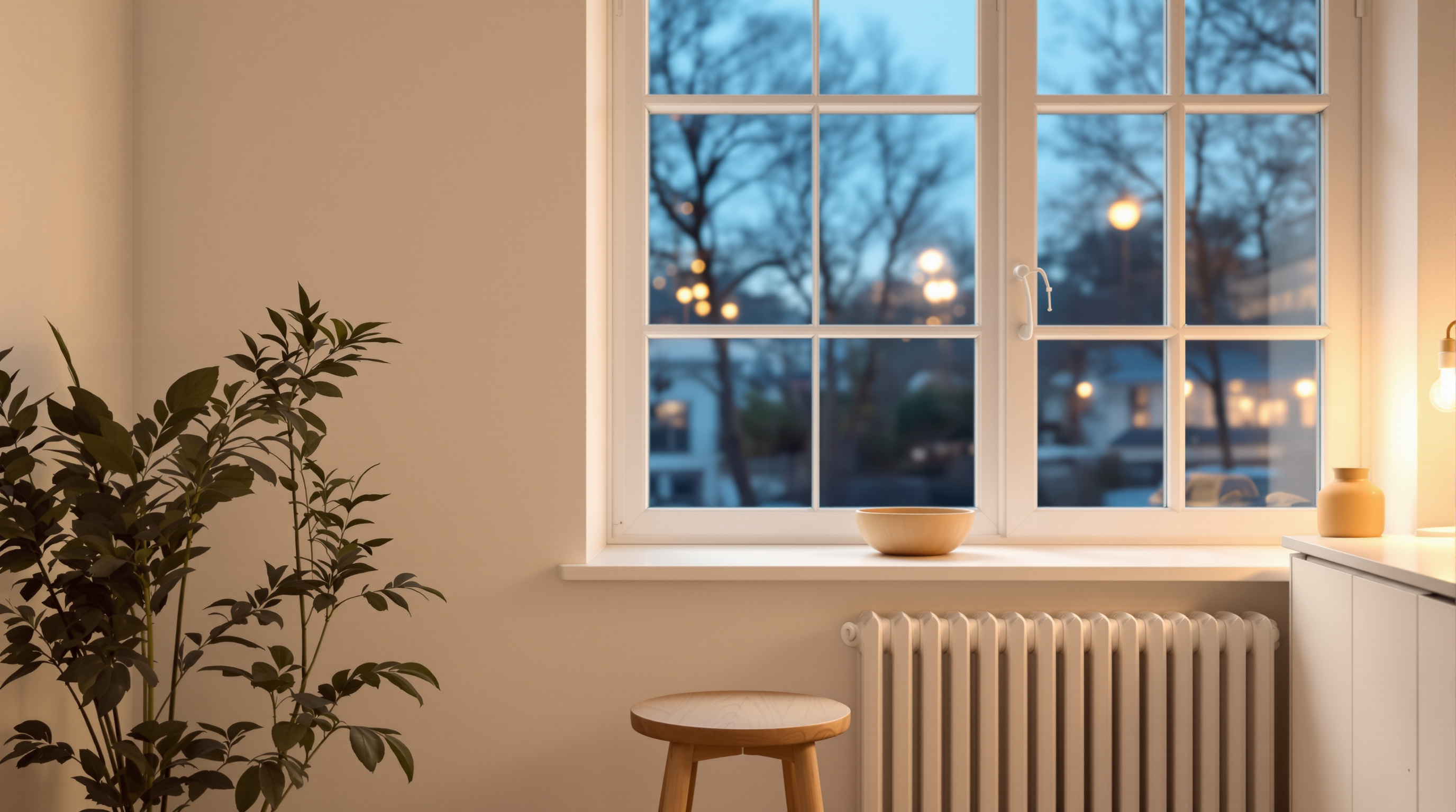 An empty stool beside a kitchen window with a wooden bowl