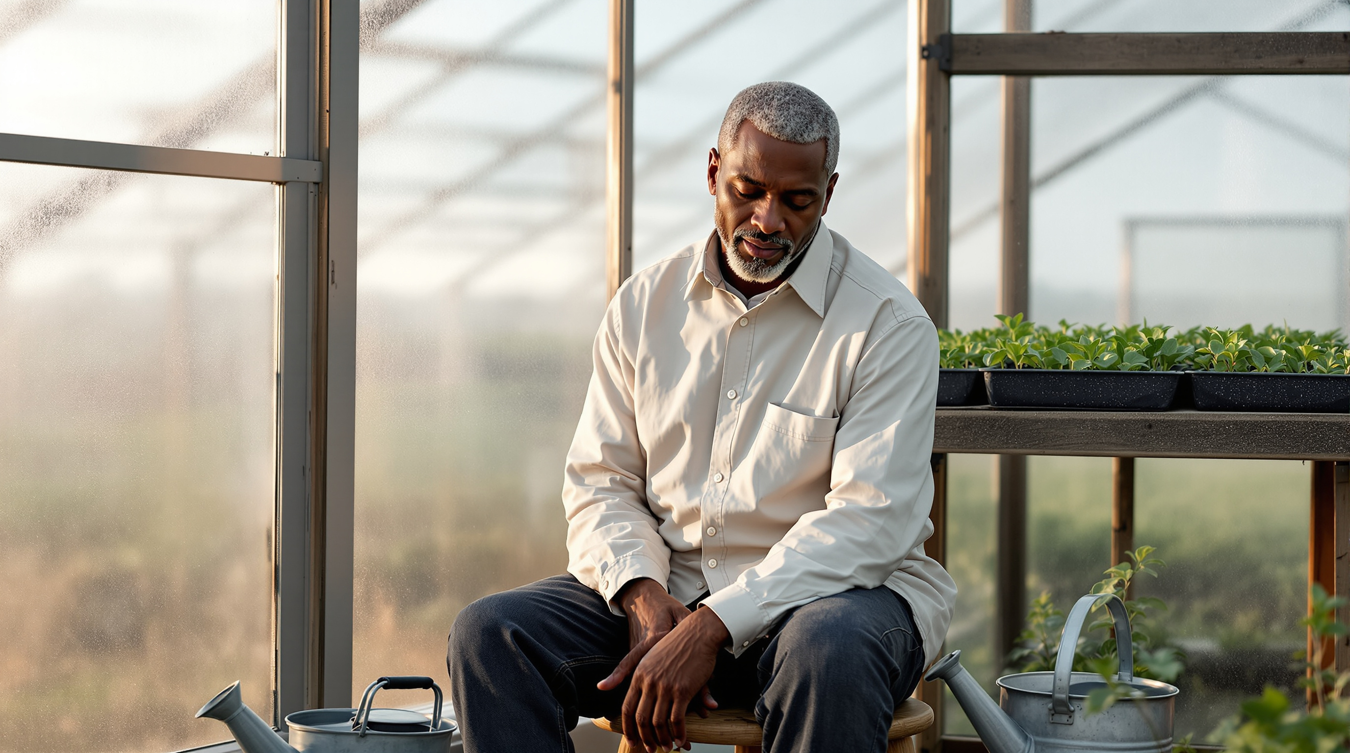 A man sits on a stool in a greenhouse beside a watering can