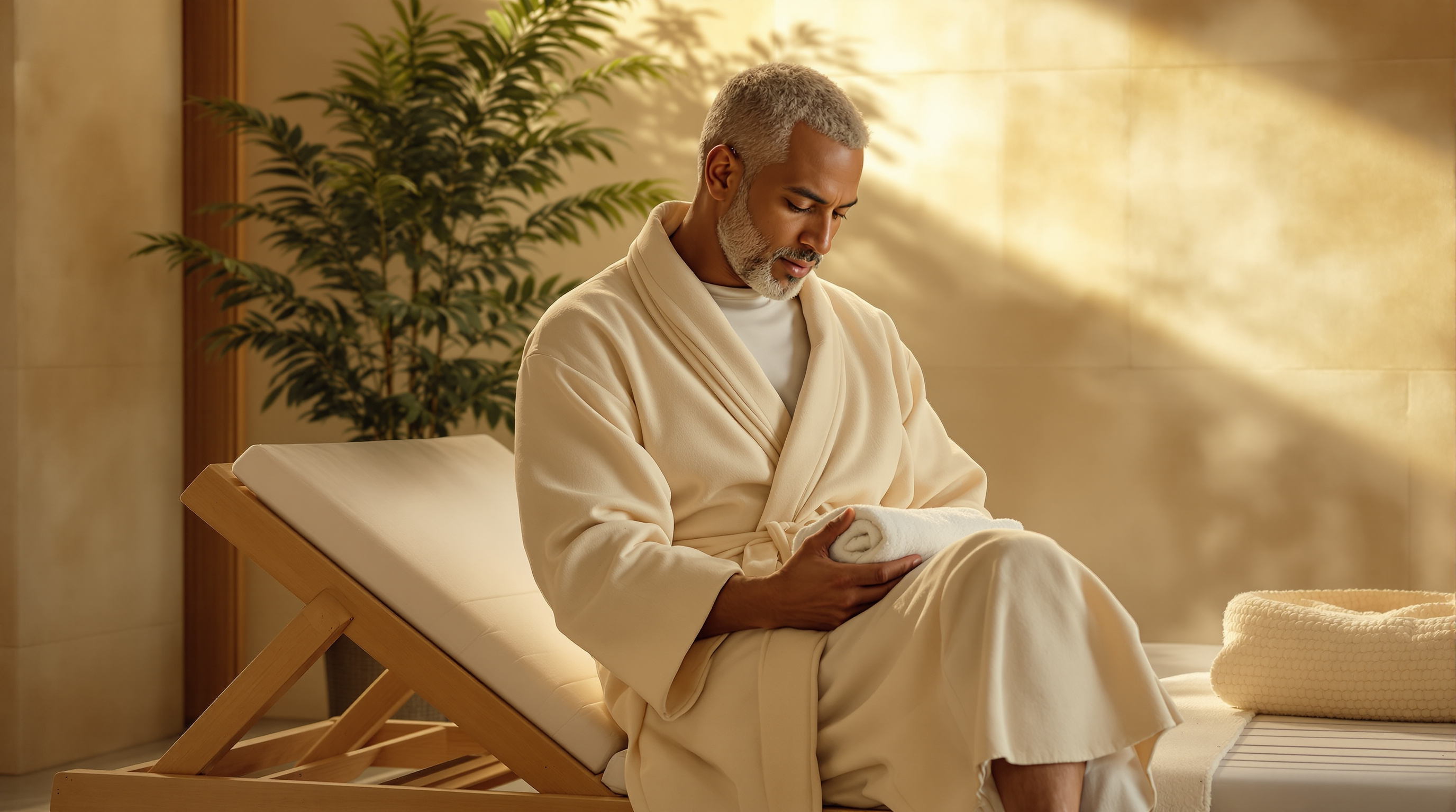 A man sits on a lounger in a quiet spa with a folded towel