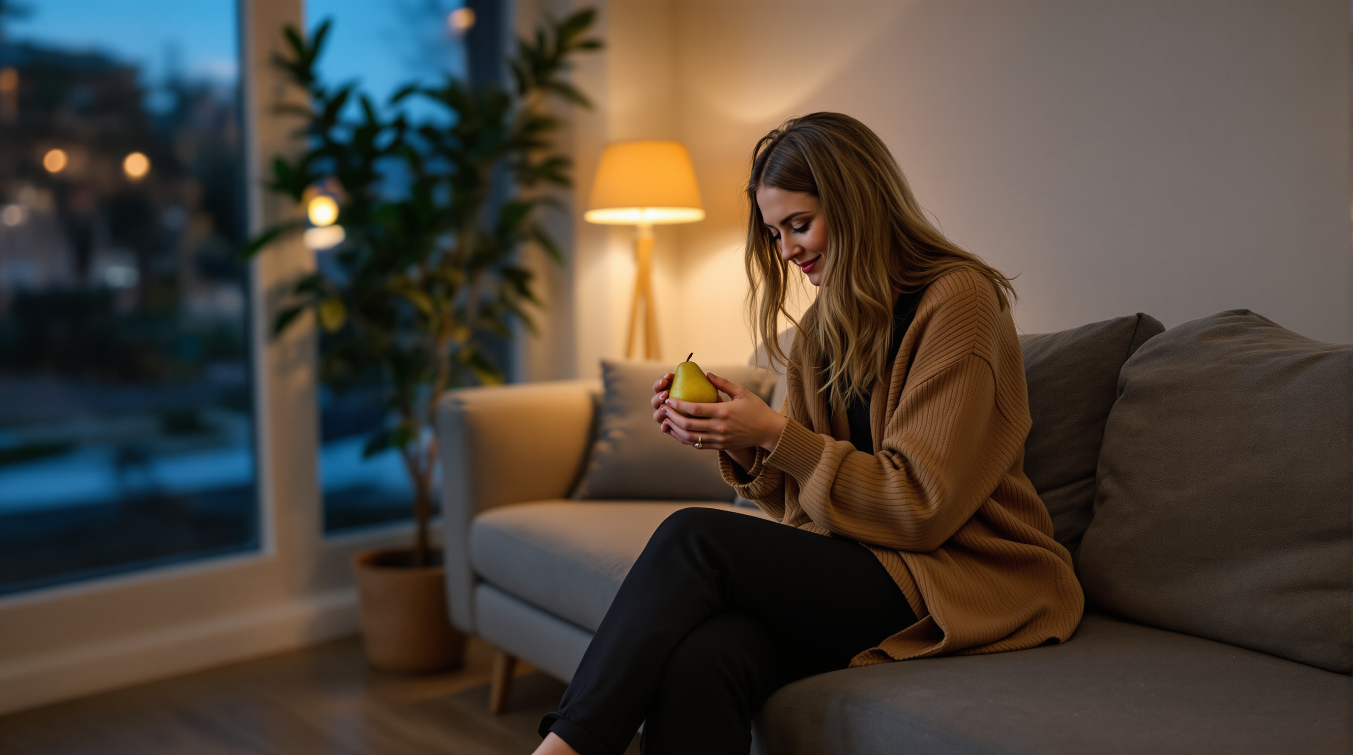 A woman sits on a sofa in a quiet living room holding a pear