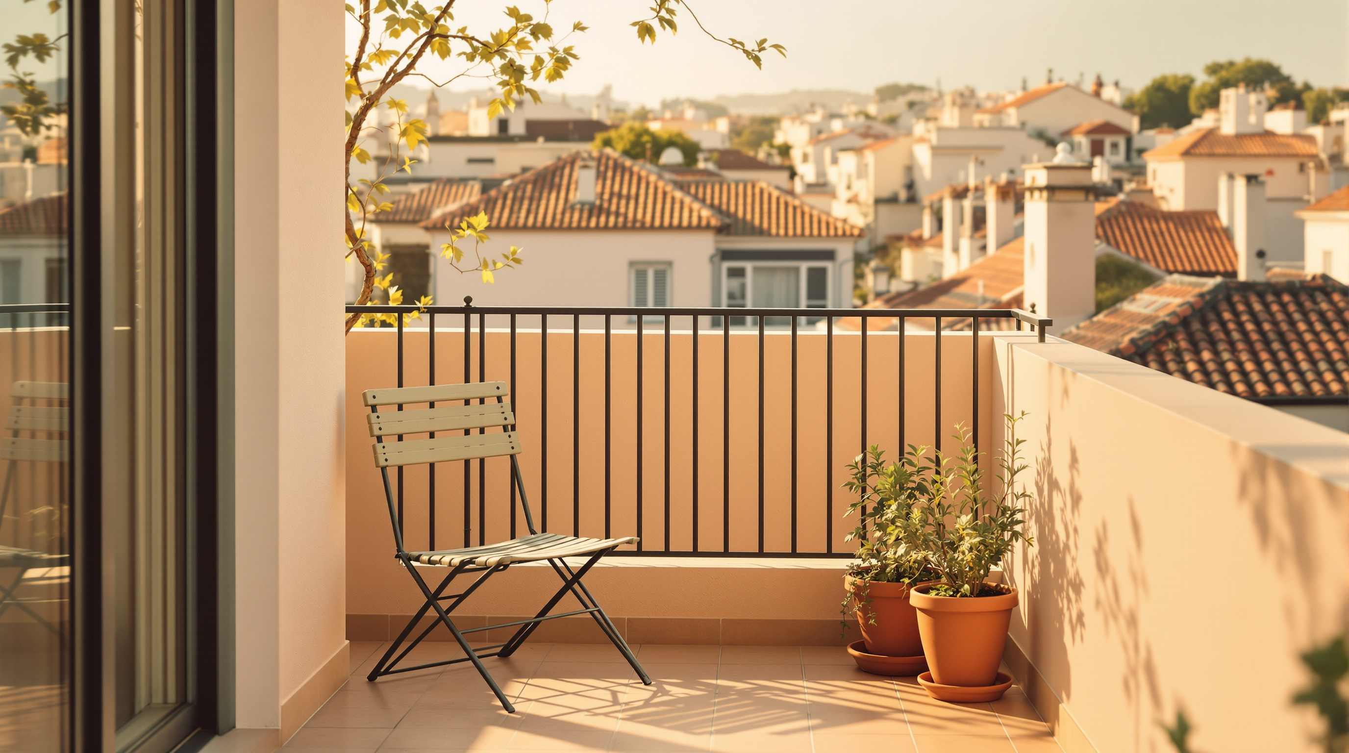 An empty chair on a small balcony