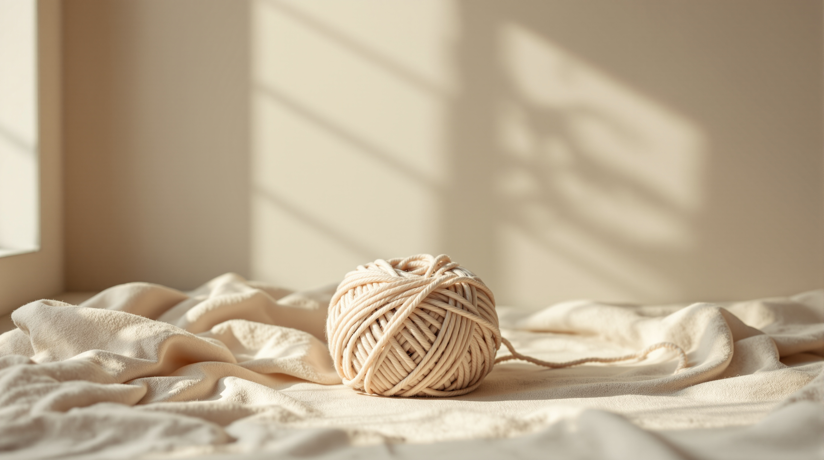 A ball of undyed wool yarn on plain linen, a close view
