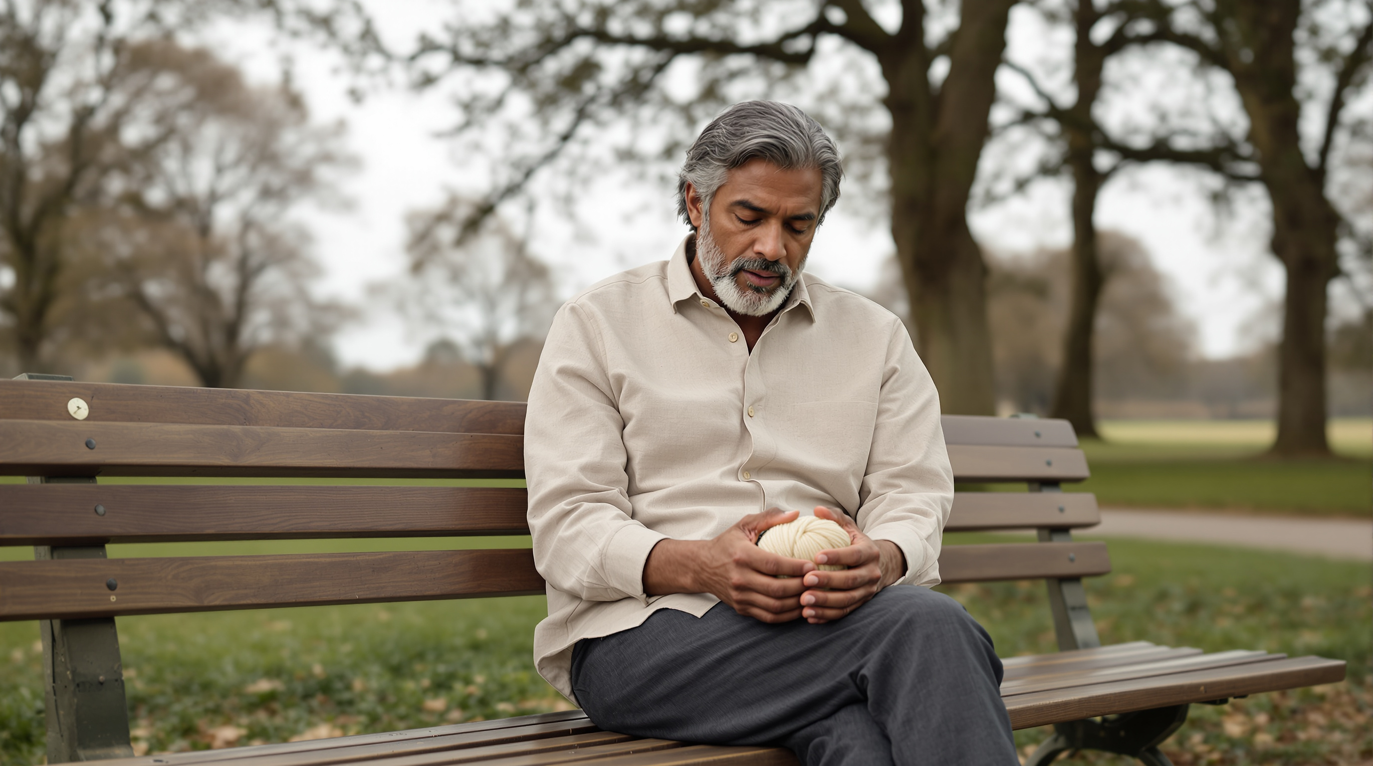 A man sits on a park bench under trees with a ball of yarn