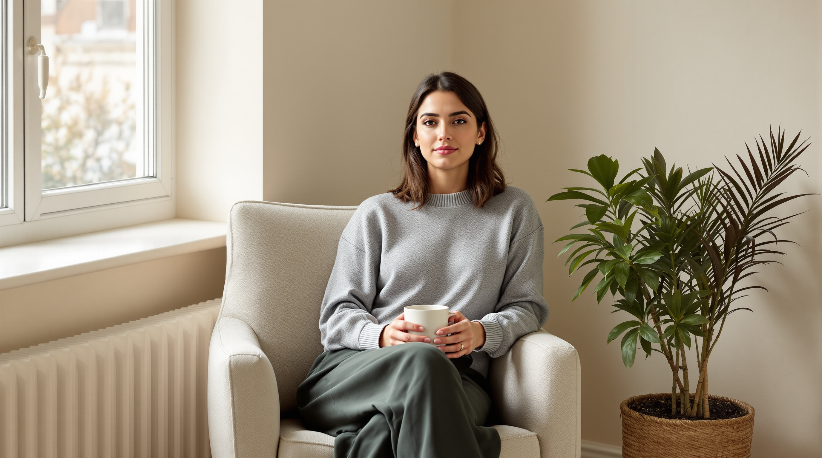 A woman in a grey wool jumper sits in a linen armchair beside a bright window holding a plain ceramic mug