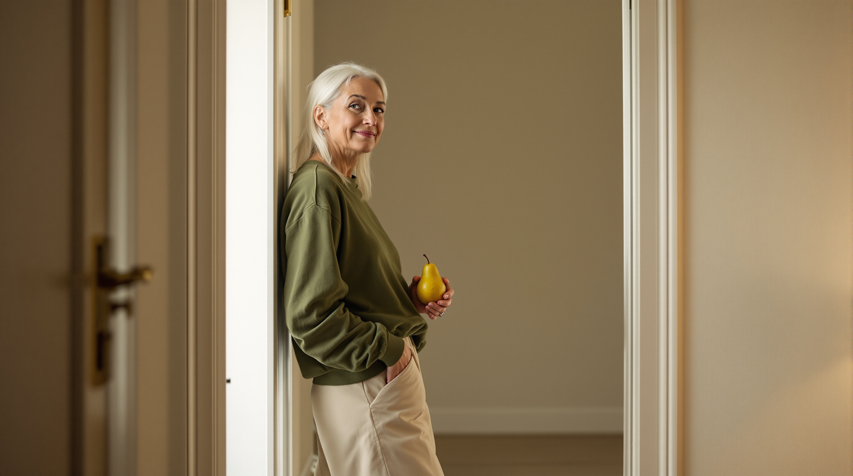 A woman stands in an open doorway holding a pear